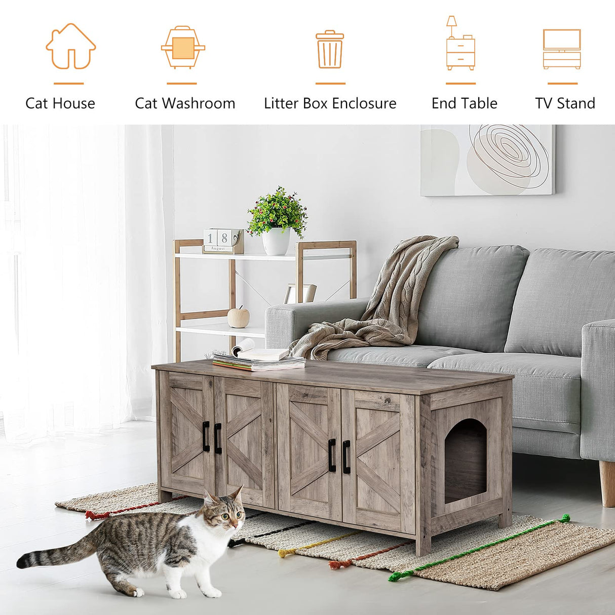 Homhedy Cat Litter Box Enclosure for 2 Cats, Litter Box Furniture Hidden with Double Room,Wooden Cat Washroom Furniture,Cat House,47.2”L x 19.7”W x 19.7”H,Greige Homhedy