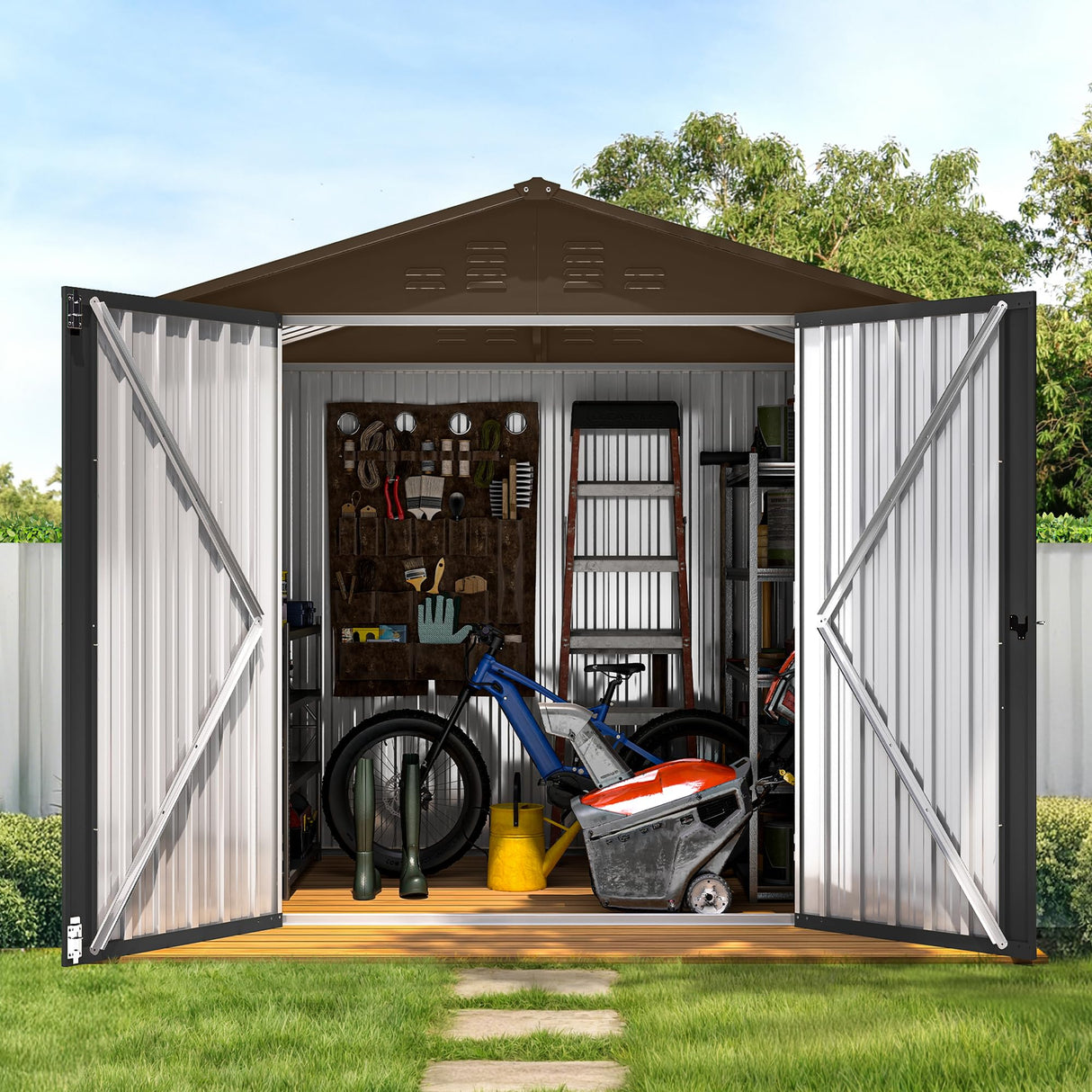 GOOBED 6x4FT Garden Storage Shed with Lockable Door and Vents, Metal Outdoor Tool Shed for Patio Lawn, and Backyard, Ideal for Storing Bikes, Trash Bins, Tools and Equipment, Brown GOOBED