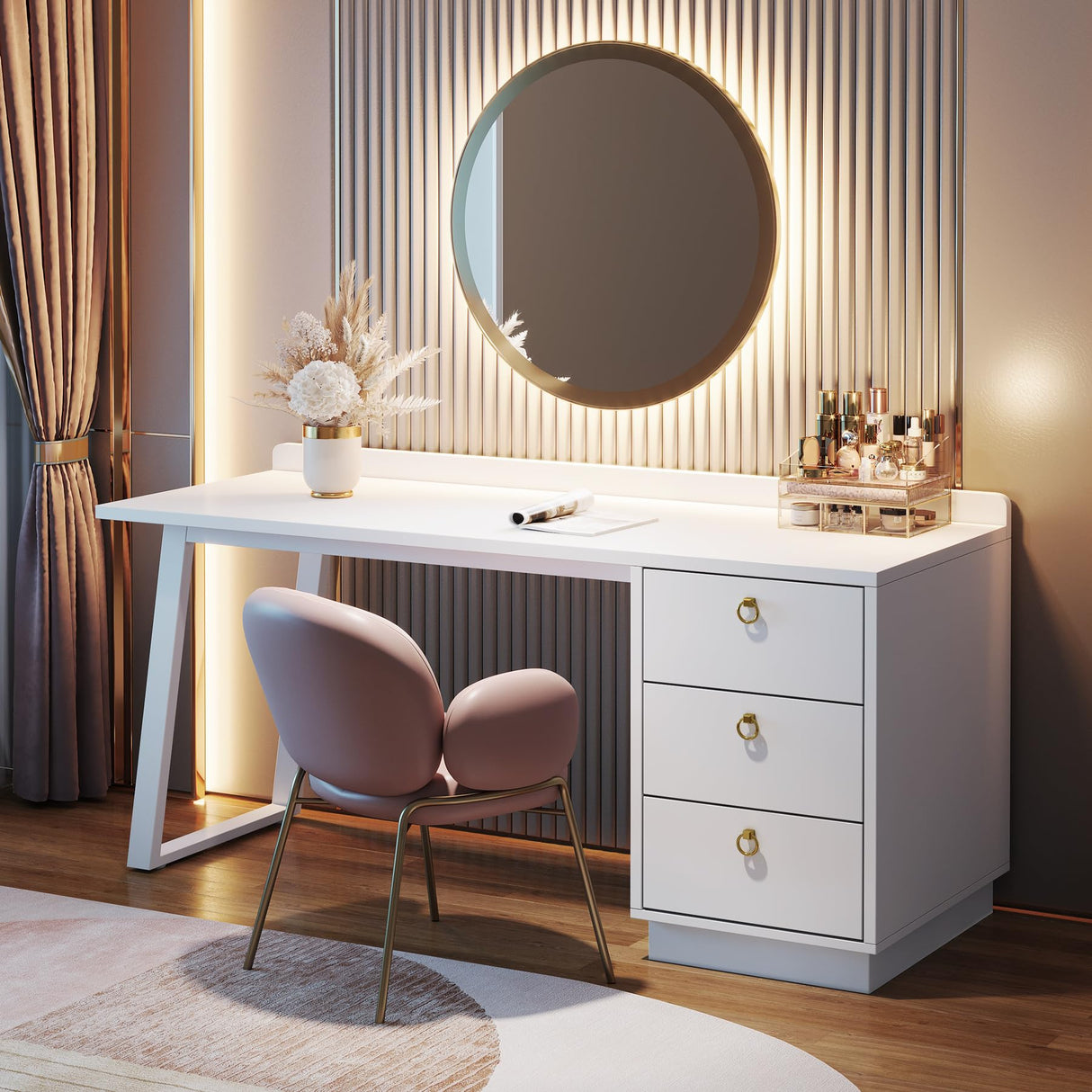 Tribesigns White Makeup Vanity Desk: Modern 55 Inches Vanity Table with 3 Drawers, Corner Wood Dressing Table Make Up Vanity, White and Gold Girls Women Vanity for Bedroom, No Mirror Tribesigns