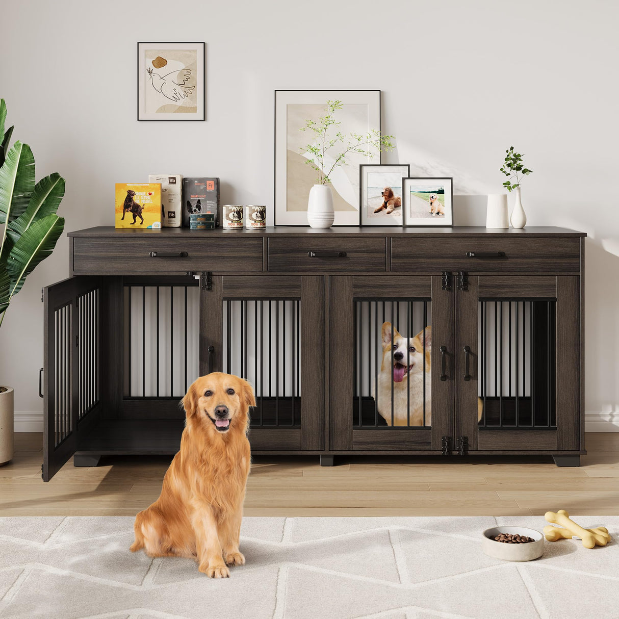 71'' Large Dog Crate for 2 Dogs, Dog Crate Furniture with 3 Drawers, Dog Kennel Furniture, Heavy Duty Dog Cage and TV Stand, Perfect for Medium Large Dogs, Walnut GarveeLife