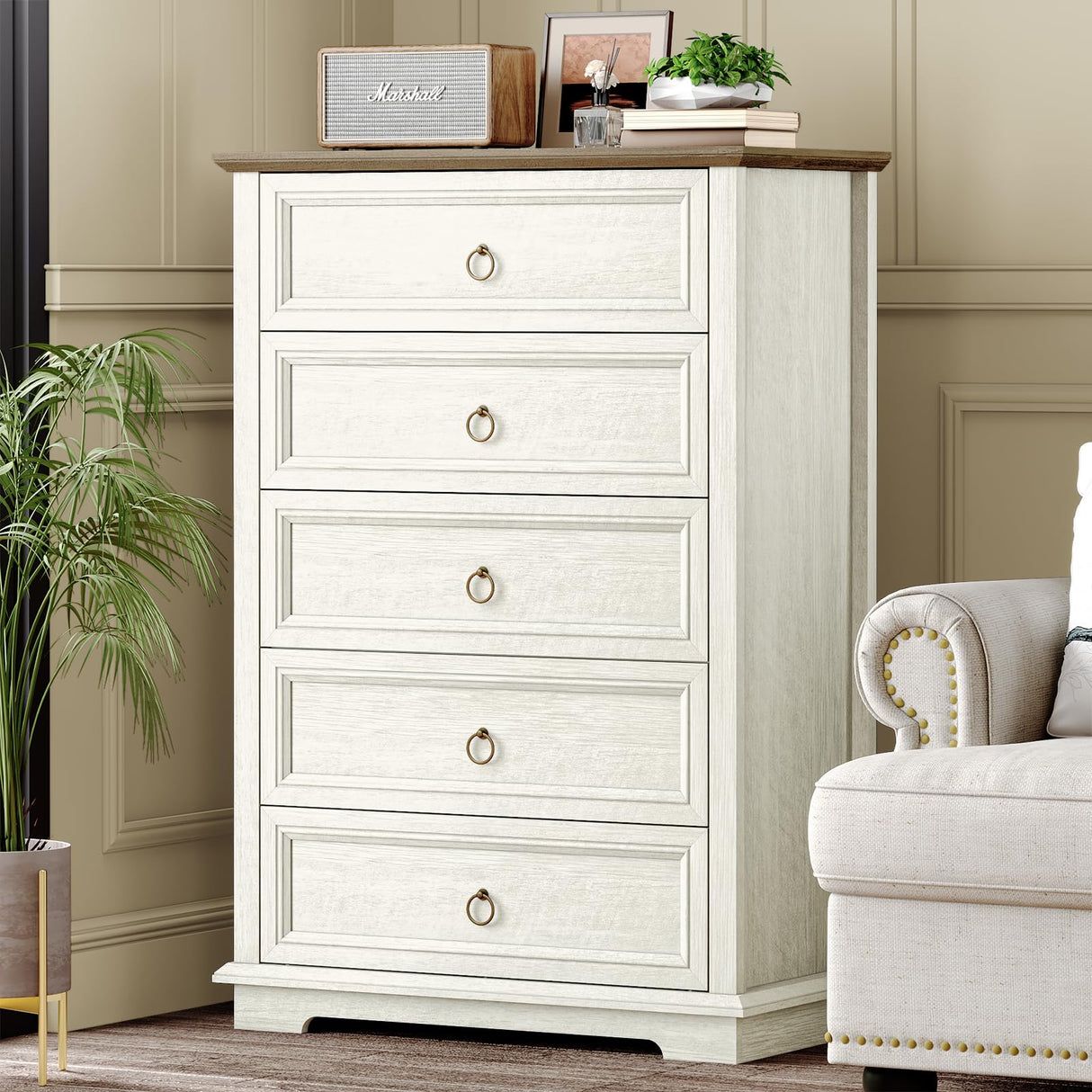 REDAYFUR Chest of Drawers, Double Anti-tip, 5 Drawers Dresser, Dresser Organizer for Bedroom, Living Room, Hallway, White REDAYFUR
