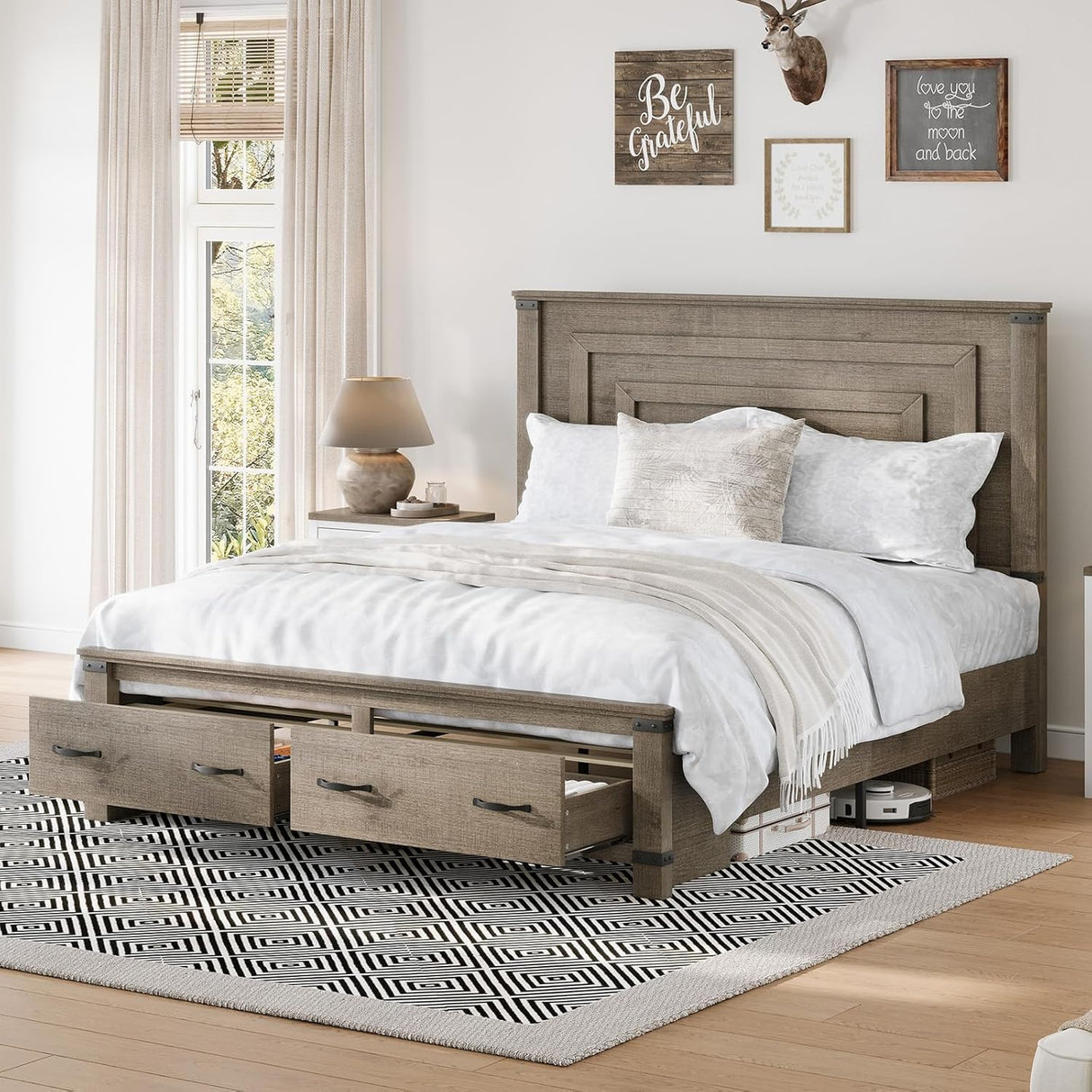 AMERLIFE Farmhouse Queen Bed Frame with 54" Tall Geometric Headboard & Footboard, Rustic Wood Platform Bed Frame with Large Storage Drawers, Wood Slats Support, No Box Spring Needed, Rustic Gray AMERLIFE
