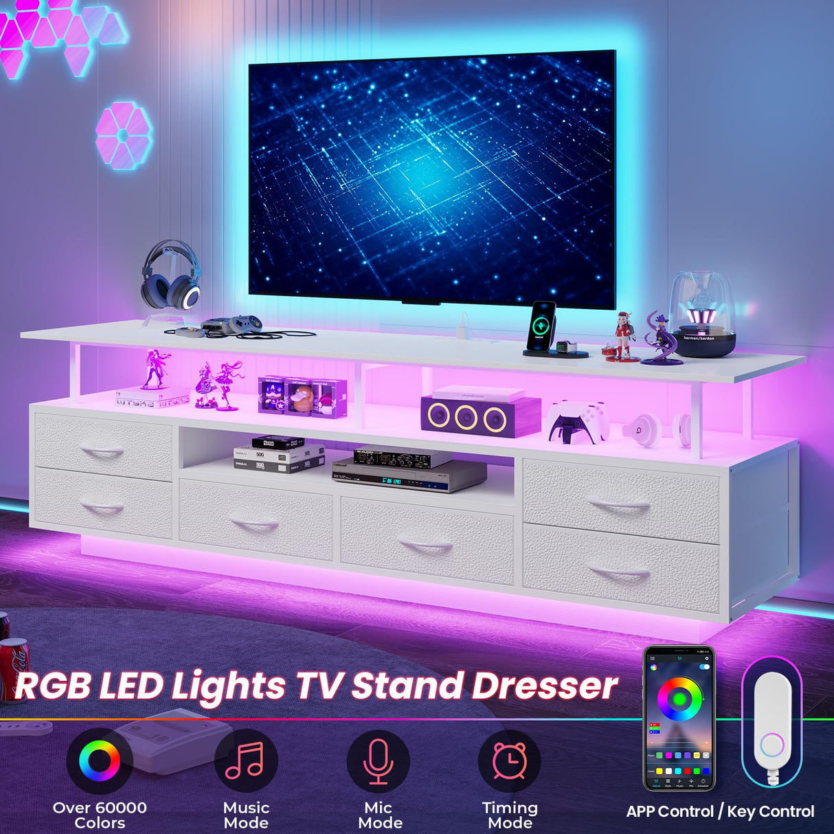 BTHFST LED TV Stand with Power Outlets for 65 70 Inches TVs, Entertainment Center with Open Shelves & 6 PU Fabric Drawers, TV Media Console Table for Living Room, Bedroom, White BTHFST