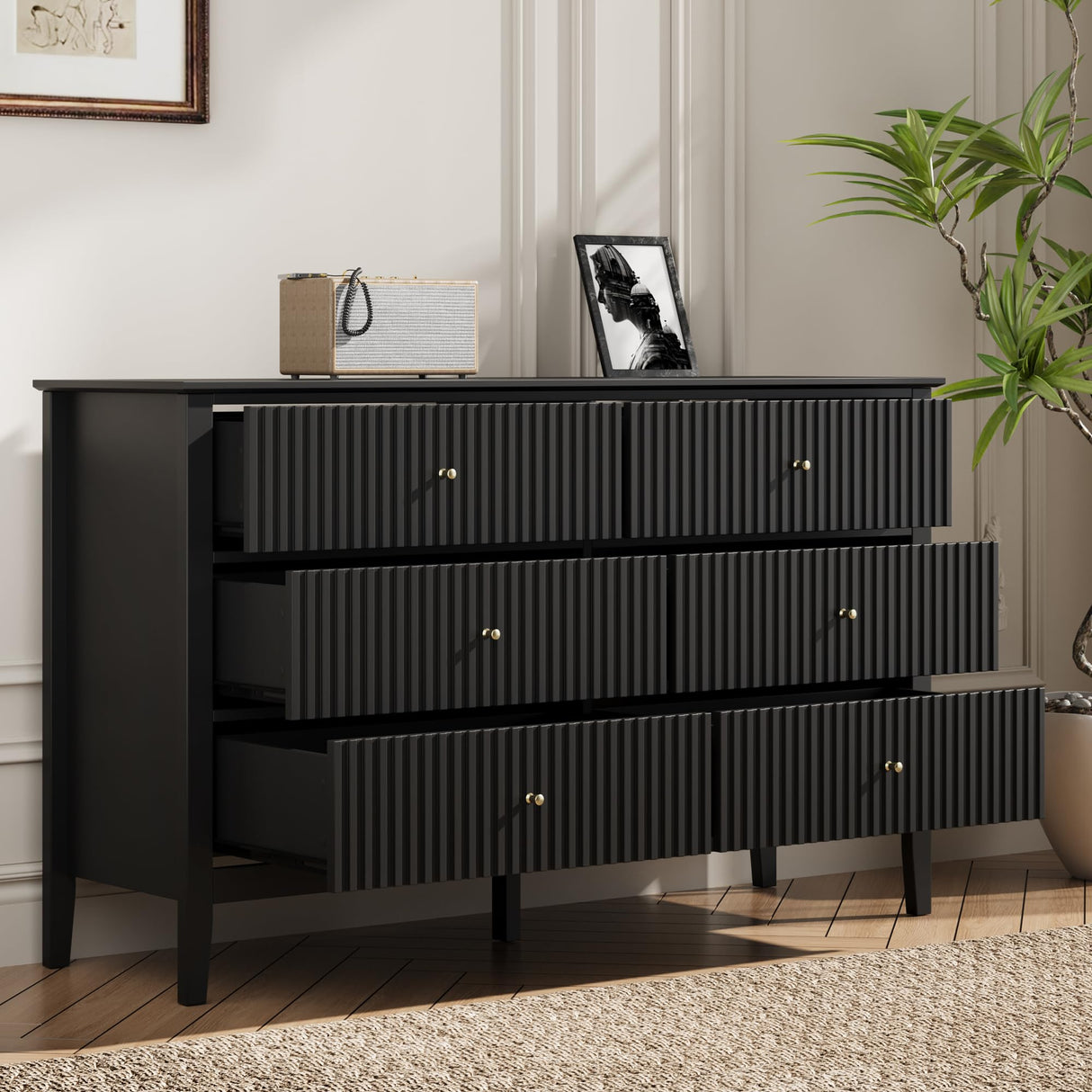 RoyalCraft Black 6 Drawer Dresser, Fluted Modern Wood Dresser, Double Chest of Drawers, Long Dresser for Bedroom TV Stand Storage Cabinet for Living Room RoyalCraft