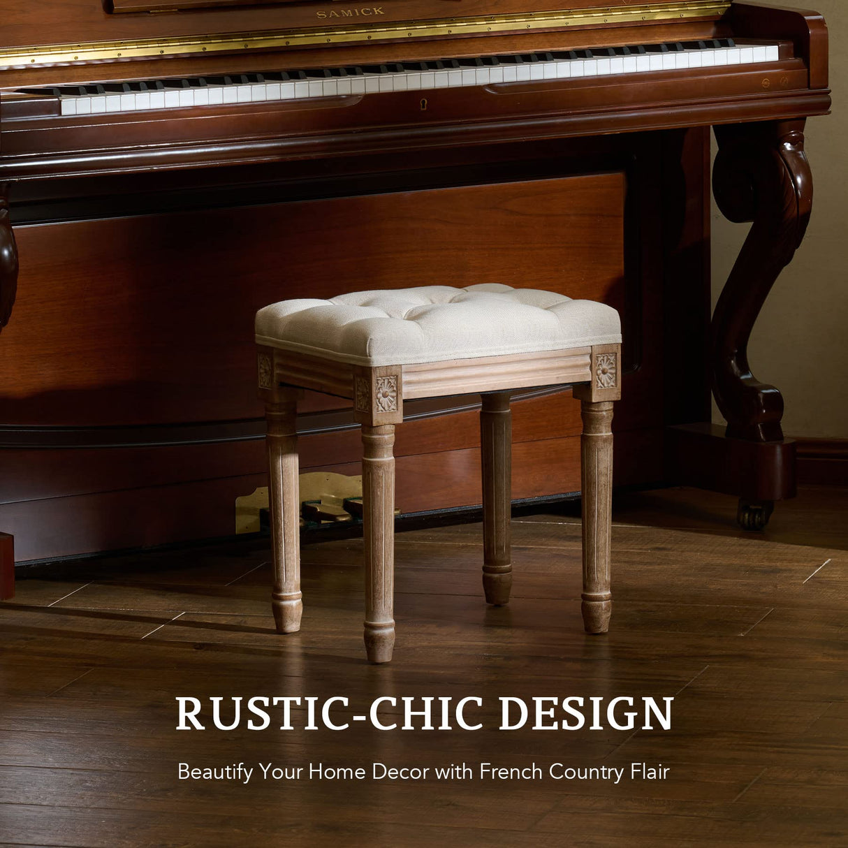 VONLUCE Ottoman Stool, 18.5 in High, Beige, with Padded Seat, Wood Frame, Button Tufted, for Dining, Living Room, Bedroom, Piano, Dressing, Vanity, Foot Rest VONLUCE