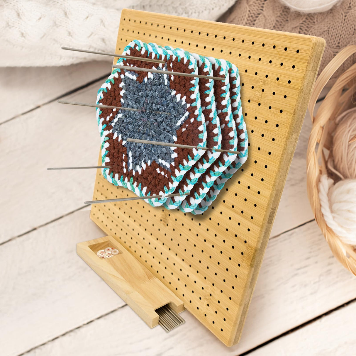 13" Crochet Square Blocking Board for Crocheting with 15 Stainless Steel Rods, Crochet Blocking Board with Pegs, Granny Square Blocking Board Gifts for Mothers, Grandmothers, Knitting Enthusiast Yikaroeli