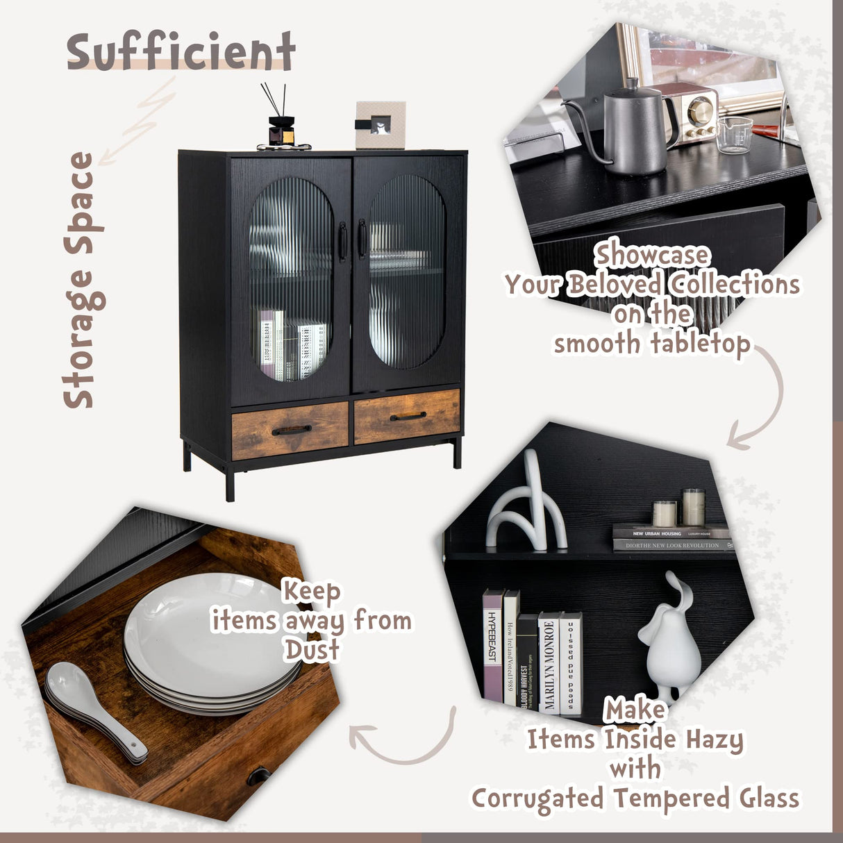 LOKO Buffet Cabinet with Storage, Kitchen Sideboard Cabinet with Tempered Glass Doors and Drawers, Industrial Style Cupboard Credenza Storage Cabinet, 31.5 x 16 x 39.5 inches LOKO