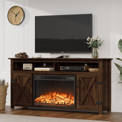 JUMMICO Fireplace TV Stand for TVs Up to 65+ Inch Entertainment Center with Open Storage Shelves and Side Cabinets, Media Console Table with Barn Doors for Living Room (Walnut)