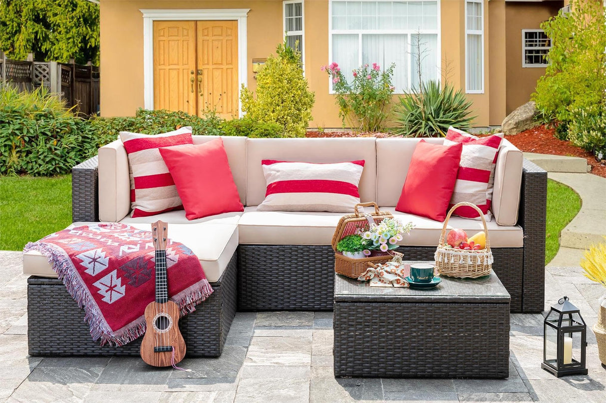 Vongrasig 5 Piece Patio Furniture Sets, All-Weather PE Rattan Wicker Outdoor Sectional Couch, Small Patio Conversation Set with Glass Table for Garden Pool, Beige Vongrasig