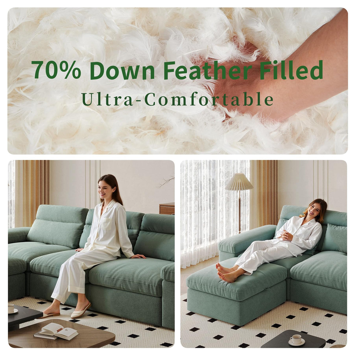 Sectional Modular Down Filled Sofa, Comfty Feather L Shape Cloud Couch for Living Room,114" Simple Couch,Adjustable Backrest,3Seat with Storage Ottoman for Office,Apartment (Green-3 Seat+Ottoman) Pistachio