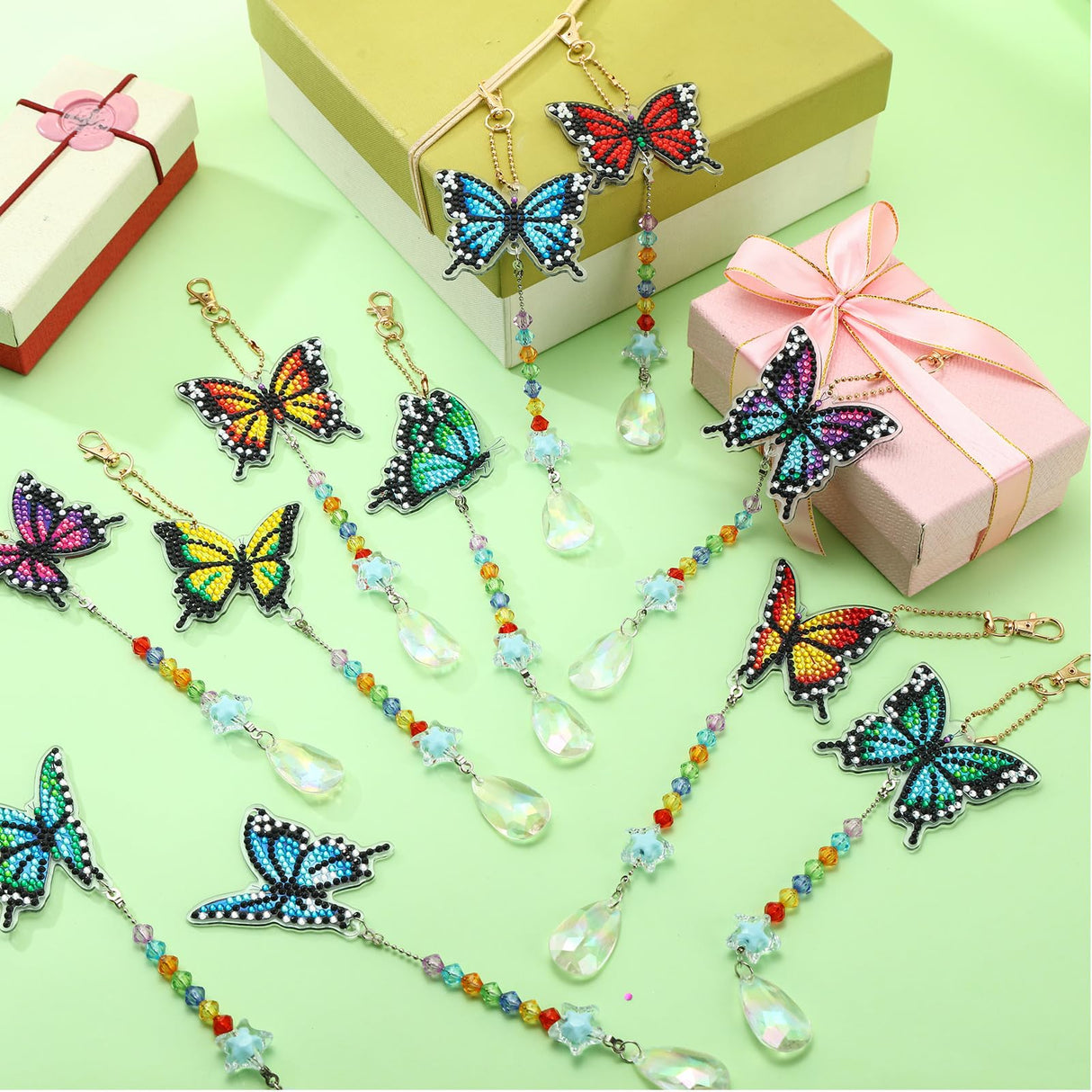 Kigley 12 Pcs Butterfly Diamond Art Wind Chimes Kit Diamond Painting Suncatcher Keychains Double Sided 3D DIY Window Hanging Ornaments Kigley