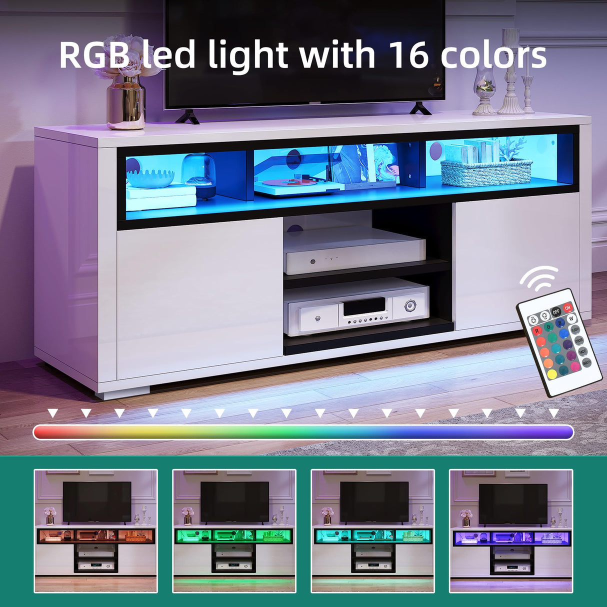 YITAHOME TV Stand for 55 inch TV, White Modern Entertainment Center with Storage, LED TV Stands for Living Room, High Glossy TV Console Cabinet, White & Black YITAHOME