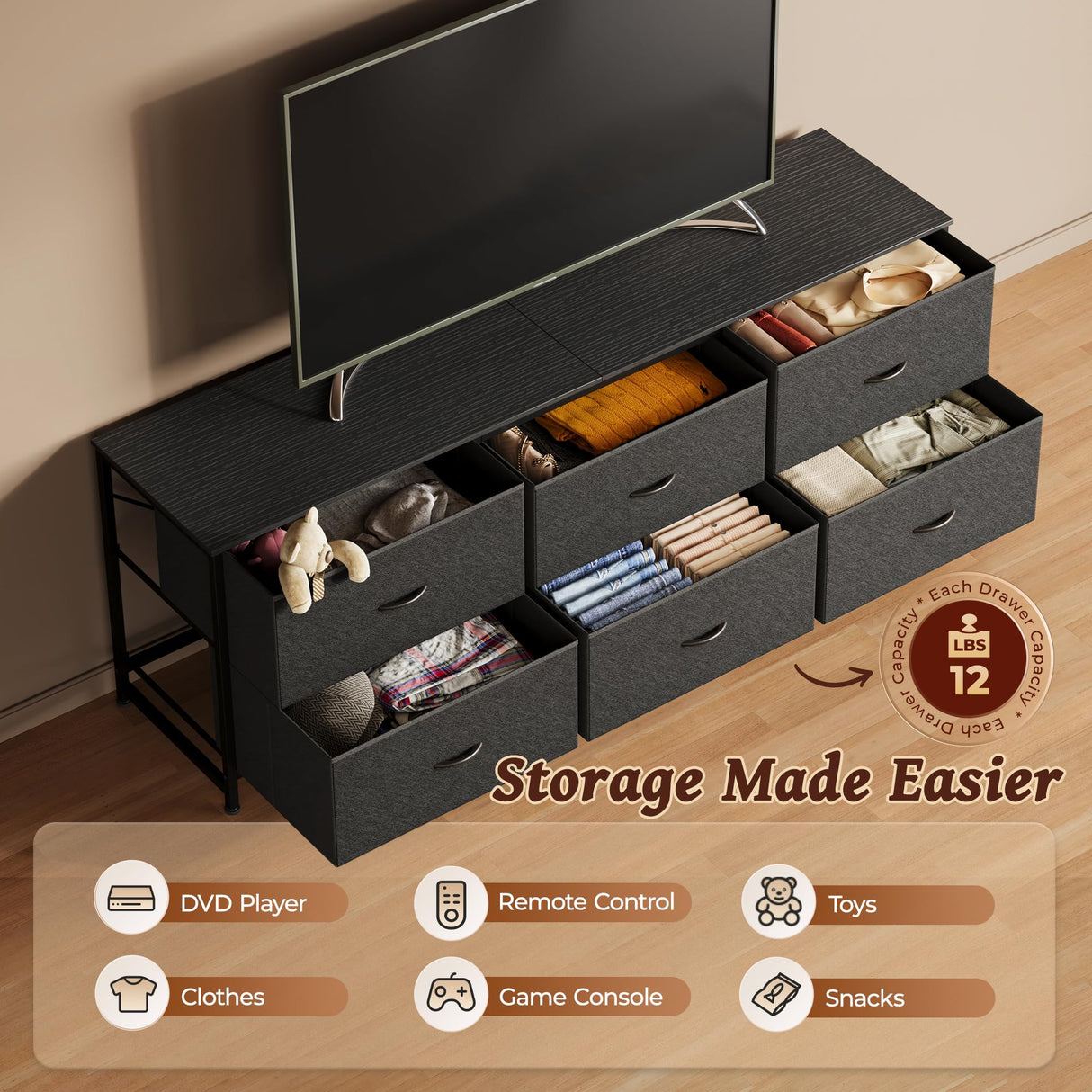 Huuger 63 Inch Long Dresser for Bedroom, Wide TV Stand for 55, 65, 70 Inch TV, 6 Drawer Dresser for Closet with Fabric Drawers, Storage Organizer for Bedroom, Entryway, Black Huuger