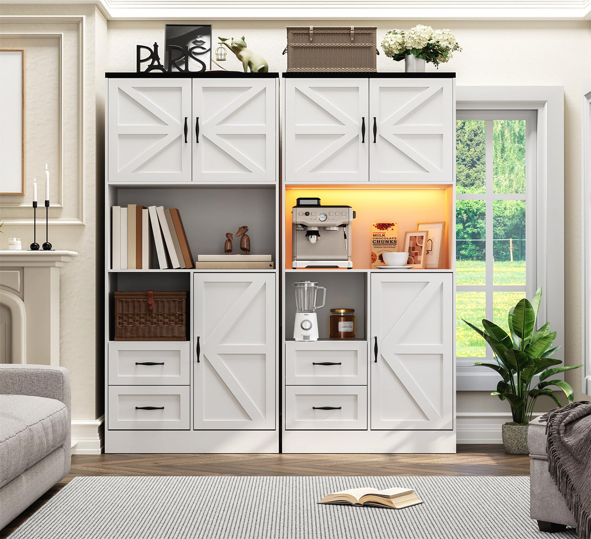 Frmobepts Kitchen Pantry Storage Cabinet with LED Lights and Power Strip, Tall Farmhouse Kitchen Pantry with Barn Doors and Drawers, Adjustable Shelves for Dining Living Room (White) Frmobepts