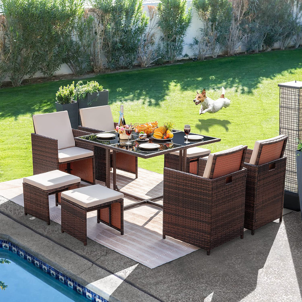 Homall 9 Pieces Dining Outdoor Furniture Patio Wicker Rattan Chairs and Tempered Glass Table Sectional Conversation Set Cushioned with Ottoman (Brown) Homall