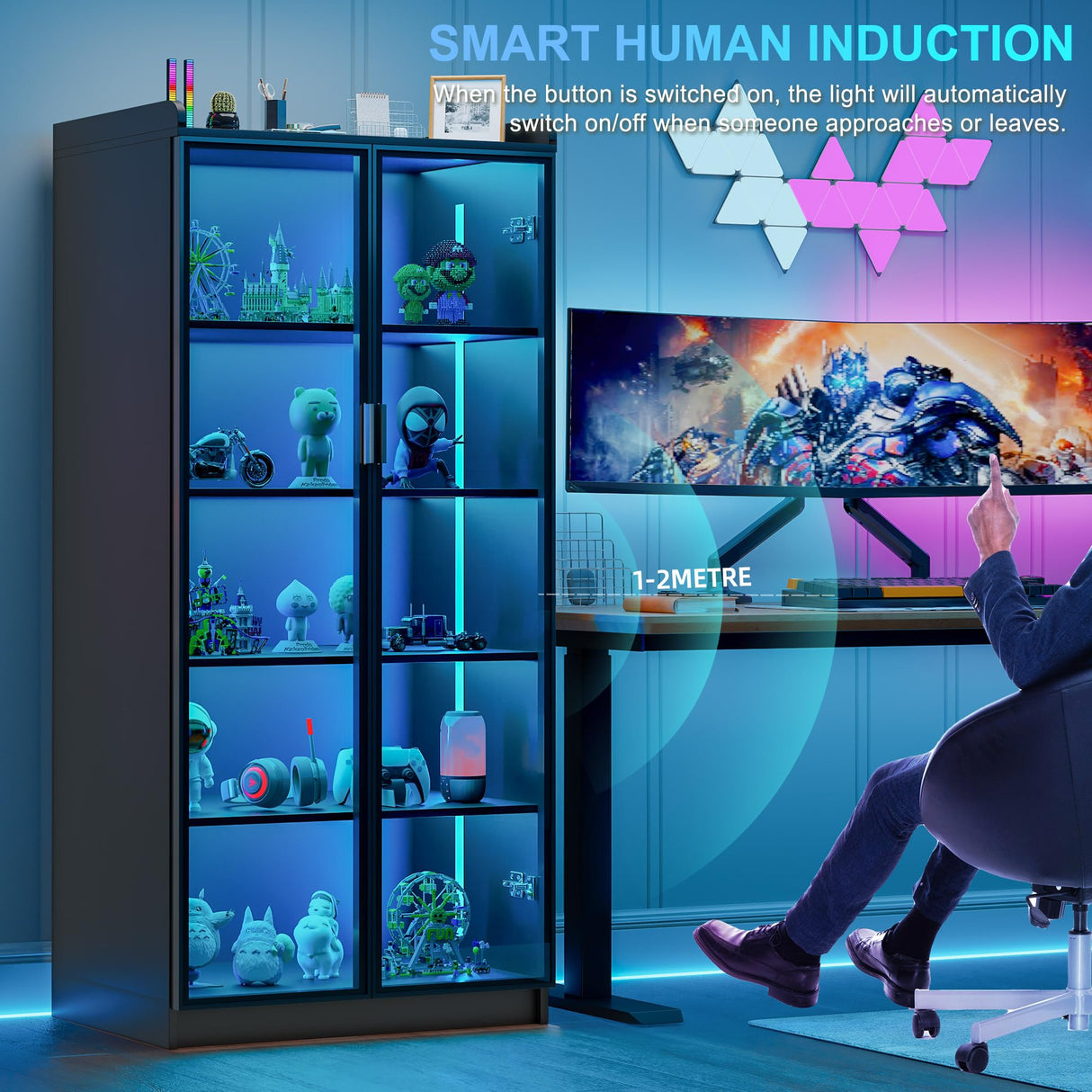 Lvifur Tall Storage Cabinet up to 70", LED Living Room Curio Cabinet with Human Body Induction, 5 Tier Bookcase Display Cabinet with Adjustable Shelves for Office (Black) Lvifur