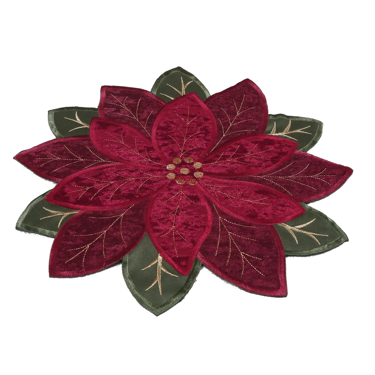 OWENIE Christmas Placemats Set of 4, Poinsettia Table Mats with Embroidered and Applique Velvet Fabric, 16 Inch x 16 Inch Diecut Placemat for XMAS Holiday Tabletop, Round Doilies for Dining Table, Red OWENIE