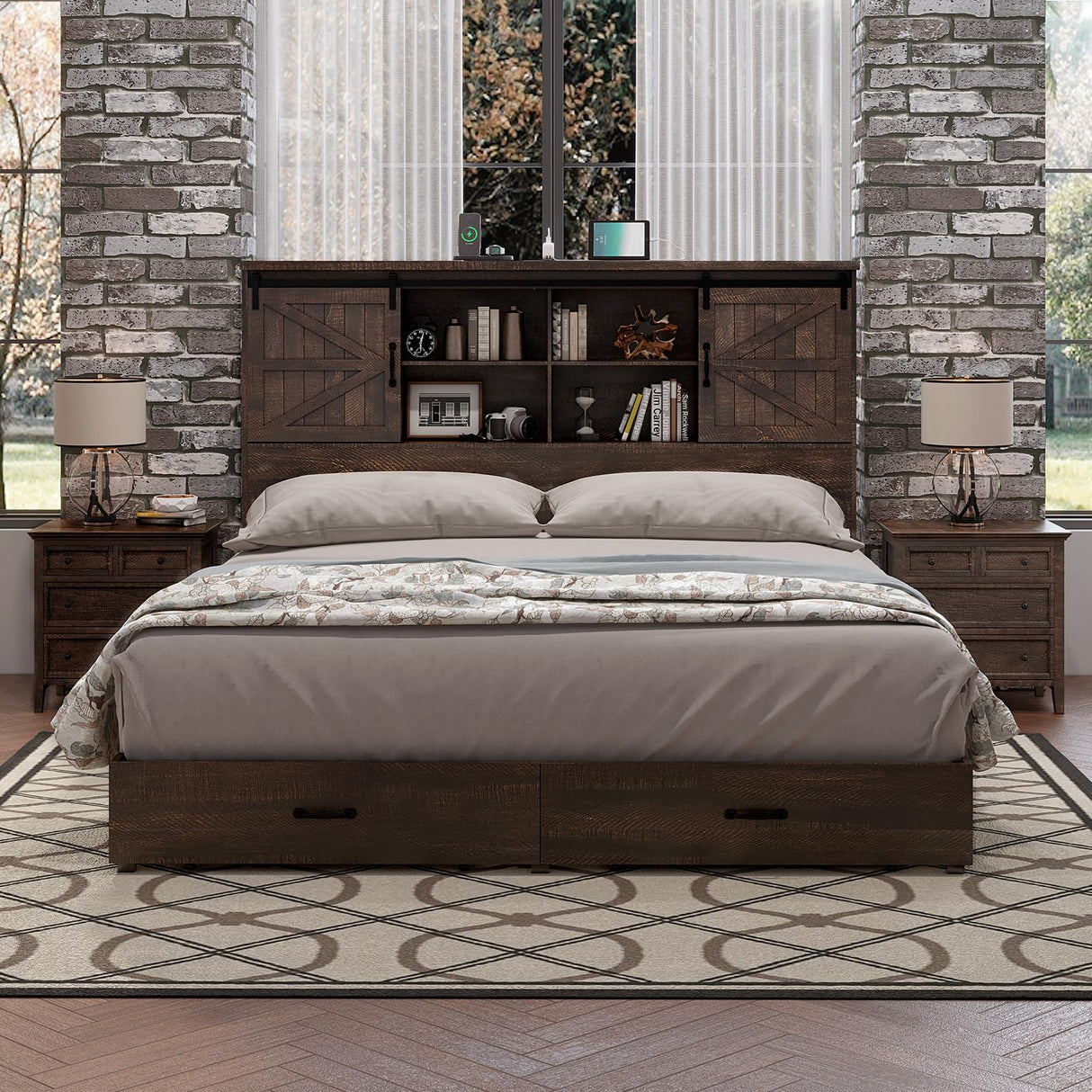 HOWE King Size Wood Platform Bed Frame with 51.2" Bookcase Headboard, Storage Bed with Sliding Barn Door Charging Station 2 Drawers, No Box Spring Needed/Farmhouse/Brown HOWE