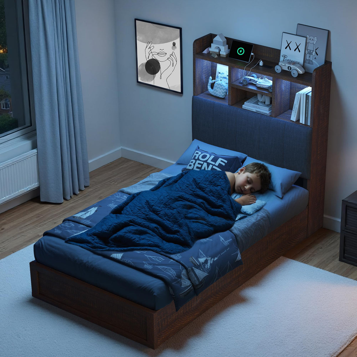 LUXOAK Twin Farmhouse Bed Frame with Bookcase Headboard and 4 Drawers, LED Storage Bed with Charging Station & Linen Upholstered, No Box Spring Needed, Reclaimed Barnwood LUXOAK