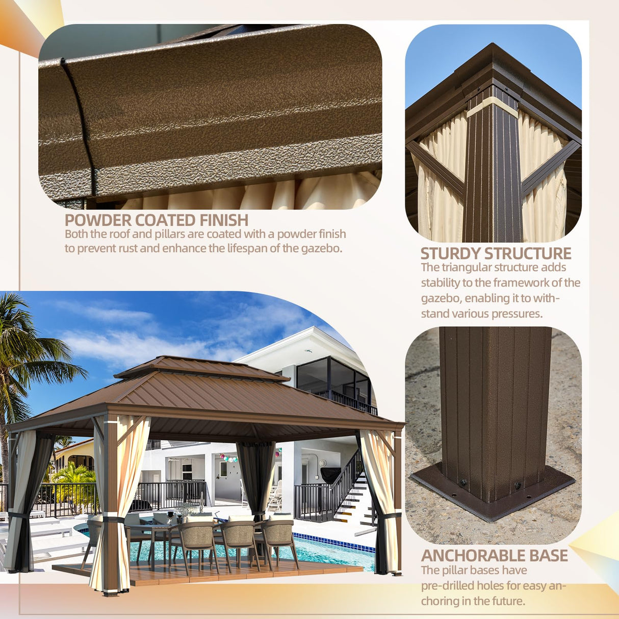 YOLENY 12' x 20' Hardtop Gazebo Faux Wood Grain Metal Gazebo with Aluminum Frame, Galvanized Steel Double Roof, Outdoor Patio Gazebo Pergolas with YOLENY