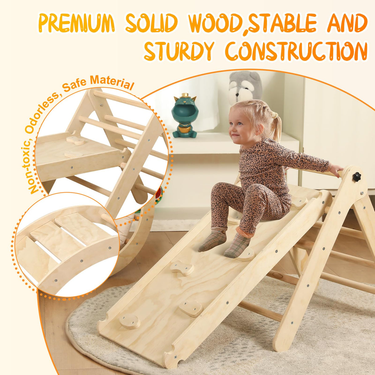 Pikler Triangle Set with Cushion, 7 in 1 Toddler Climbing Toys Indoor, Montessori Foldable Climbing Set, Wooden Climbing Toys for Toddlers 1-3 Inside with Ramp, Arch and Ladder (Nature Wood) Yopnoyik