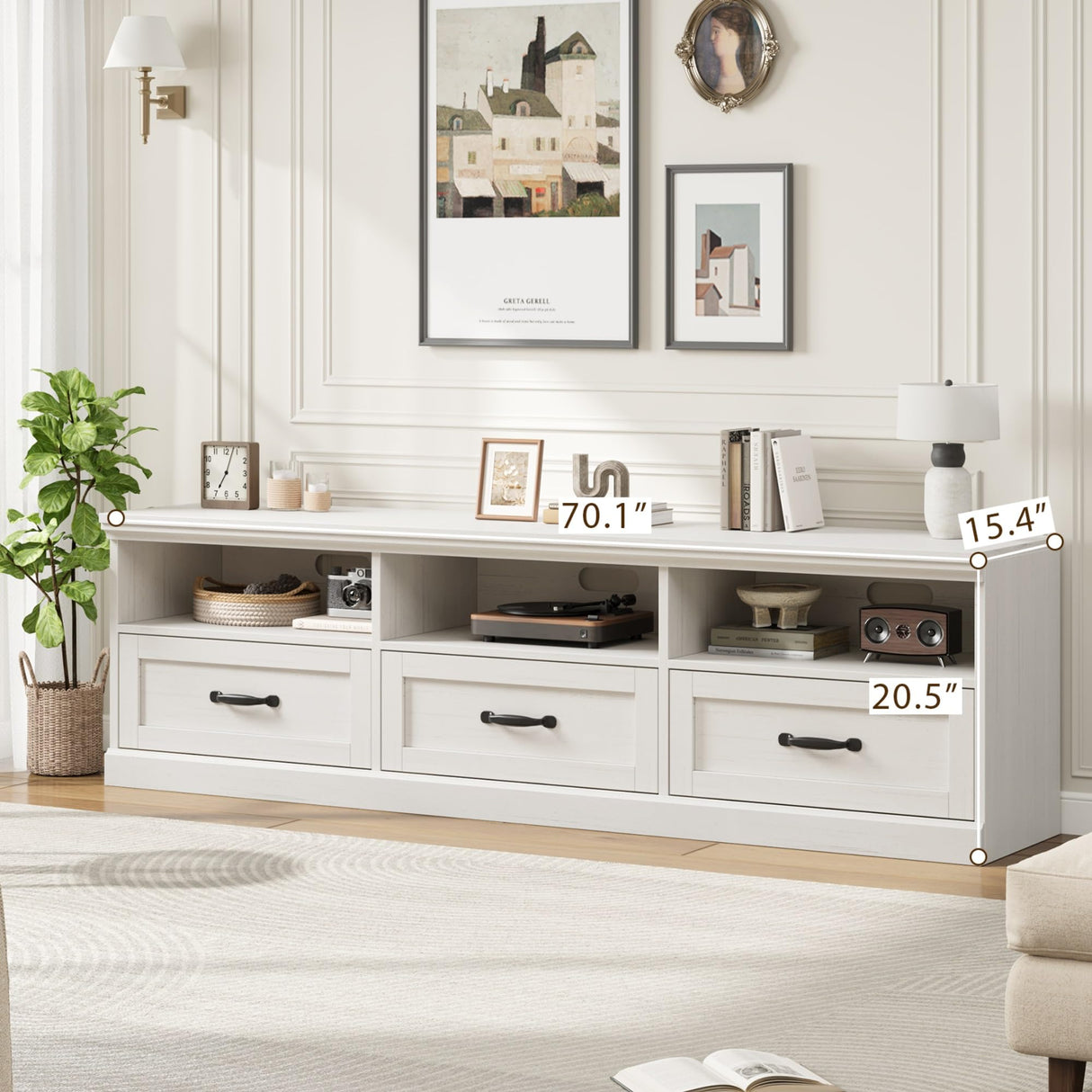 IDEALHOUSE 70in TV Stand for TVs up to 80", Mid Century Modern Entertainment Center with Storage Drawer and Open Shelves, TV Console Media Cabinet for Living Room, Bedroom, Antique White IDEALHOUSE