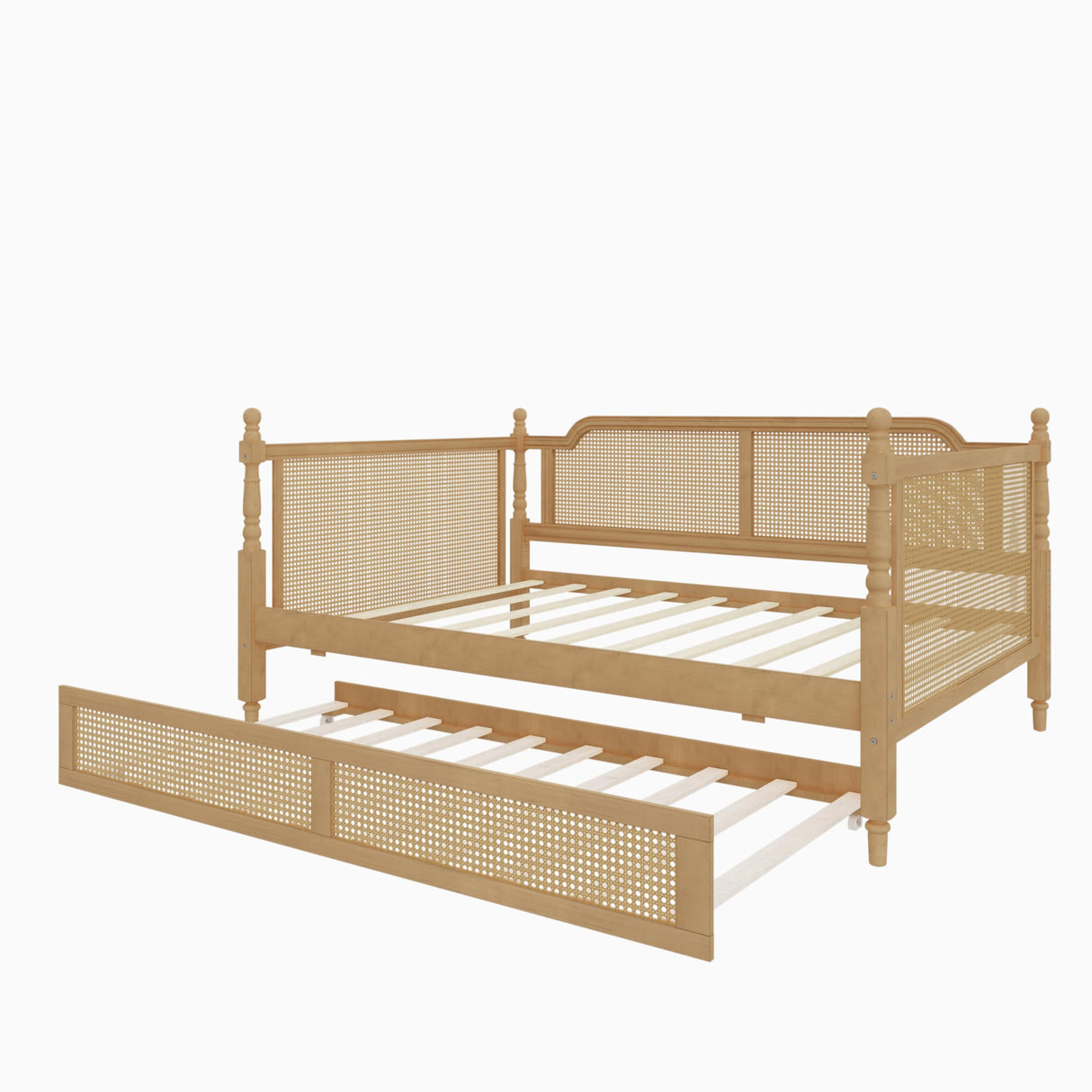 SOFTSEA Twin Size Rattan Wood Daybed with Trundle, Traditional Style Daybed with Trundle, Twin Trundle Bed with Sturdy Wooden Slats for Kids, Girls, Boys, No Box Spring Needed, Easy Assembly, Walnut SOFTSEA