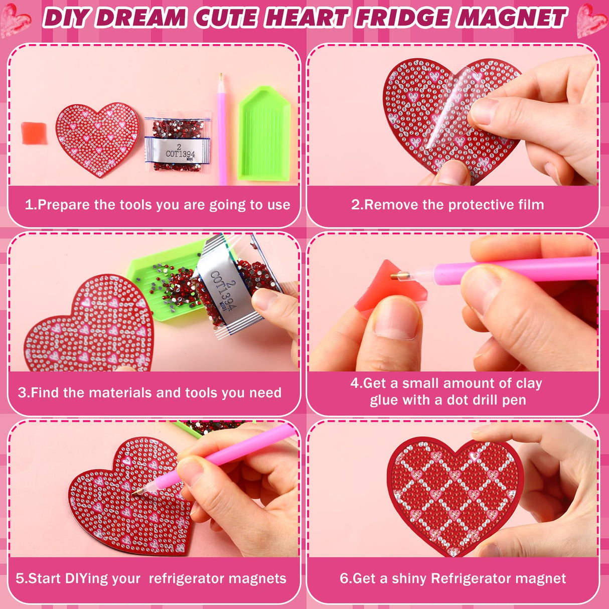 Motipuns 30 Pcs Valentine's Day Heart Diamond Painting Magnets Kits Valentines Diamond Art Fridge Magnet Refrigerator Sticker for Beginners Adults DIY Art Craft Gifts Home Decors Motipuns