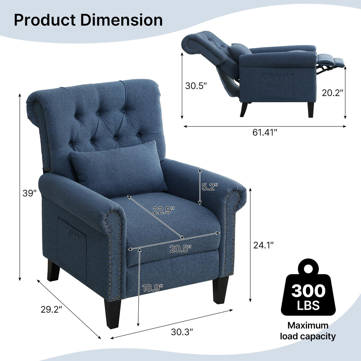 choairy Pushback Recliner Chair, Accent Push Back Chair with Adjustable Footrest Wingback, Upholstered Linen Fabric Reclining Sofa with Side Pocket, Comfy Modern Armchair for Living Room, Navy Blue choairy