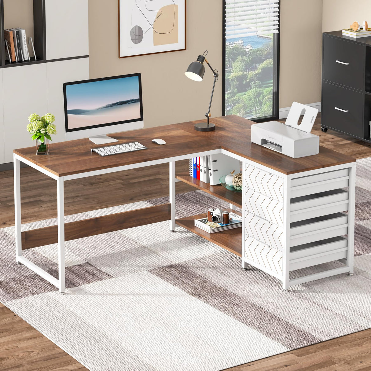 Tribesigns L Shaped Computer Desk with Storage Drawers, 59 inch Corner Desk with Shelves, Reversible L-Shaped Office Desk Study Writing Table Workstation for Home Office, Walnut & White Tribesigns