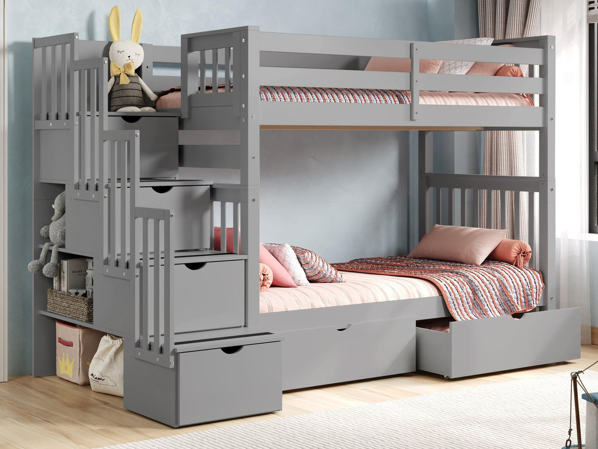 Bedz King Tall Stairway Bunk Beds Twin over Twin with 4 Drawers in the Steps and 2 Under Bed Drawers, Gray Bedz King
