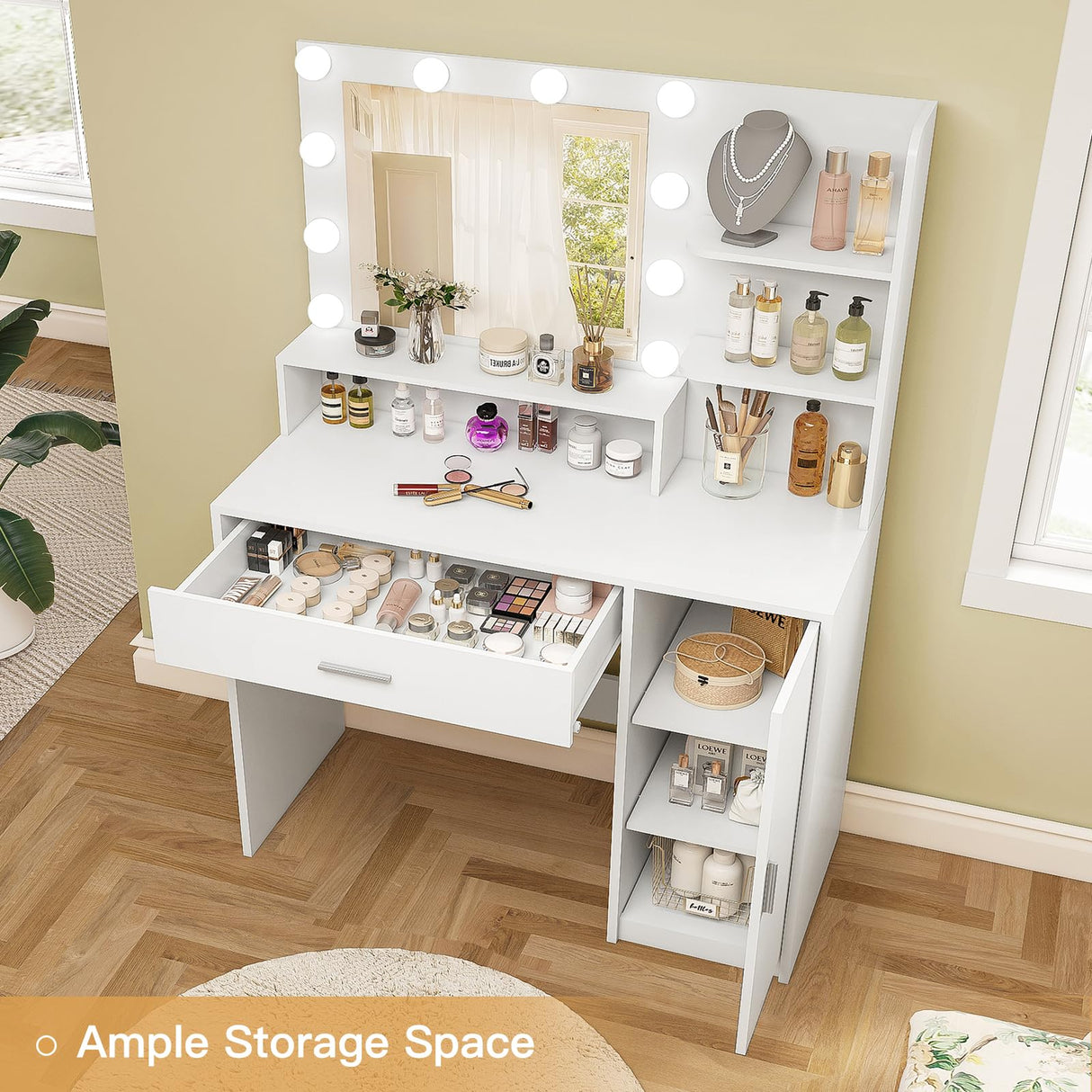 Quimoo Makeup Vanity Desk with Mirror and Lights, Vanity Desk with Large Drawer & Shelves & Cabinet, 3 Color Modes & Adjustable Brightness, Dressing Table Set for Bedroom,White Quimoo