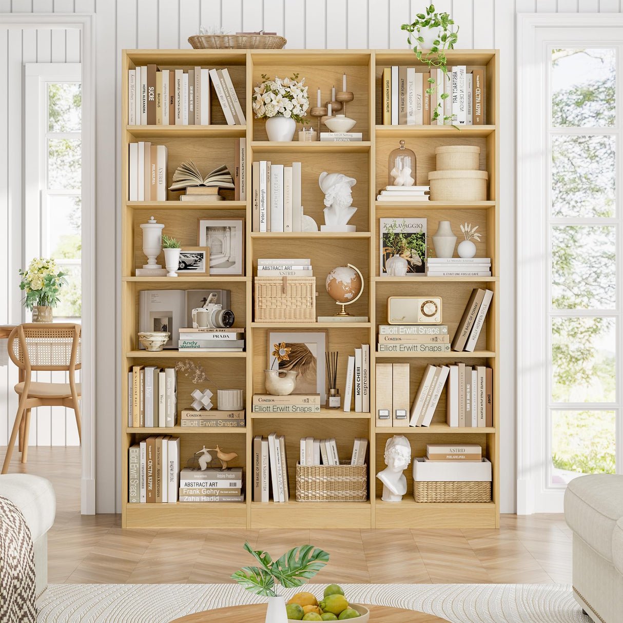 FACBOTALL Triple Wide Bookshelf, 6 Tier Large Bookshelf, Bookcase with 17 Open Display Shelves, 74'' Tall Bookcases and Bookshelves for Living Room, Home Office, Library, Natural FACBOTALL