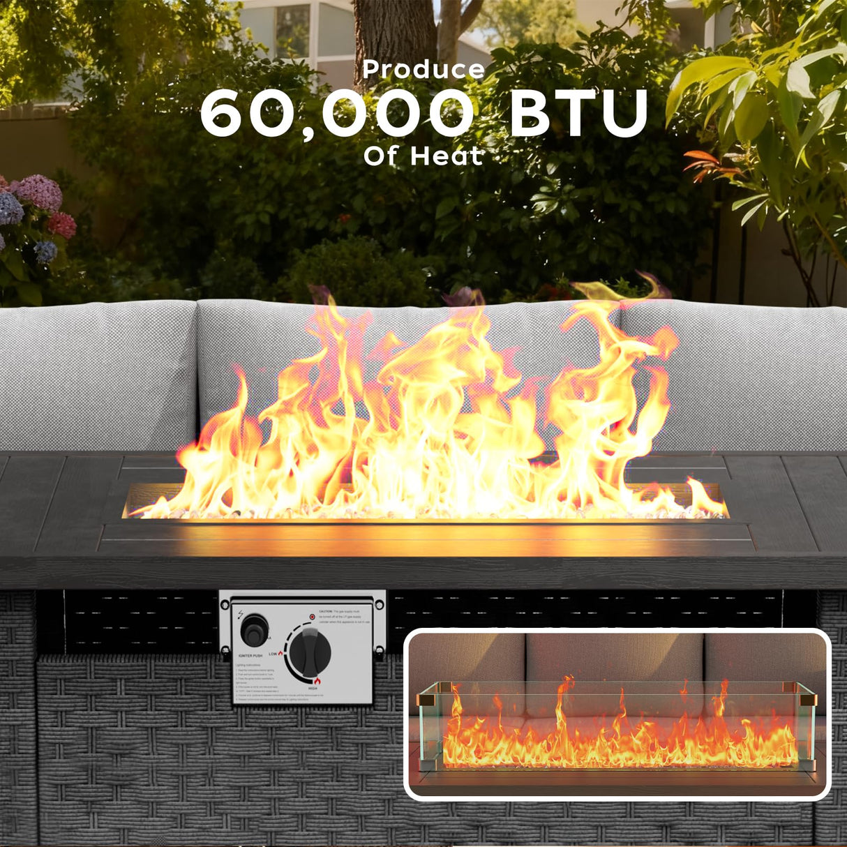 ABCASA 9-Piece Half Moon Patio Furniture Set with 44" Fire Pit Table, Curved Outdoor Sofa Set w/Thick Cushion & Wedge Side Table, Wicker Patio Sectional Conversation Sets for Porch,Backyard (Grey) ABCASA