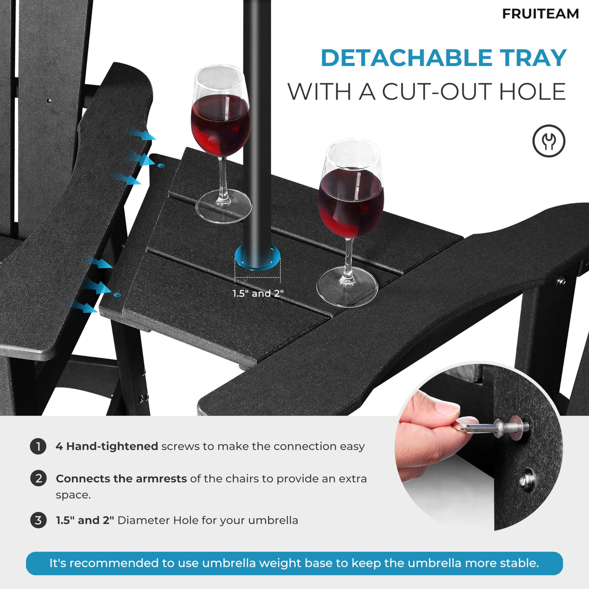 FRUITEAM Tall-Adirondack-Chairs-Set of 2, Outdoor Modern Bar-Height Adirondack Chairs, Double Raised Adirondack Patio Chairs with Removable Connecting Tray, for Pool, Yard, Lawn FRUITEAM
