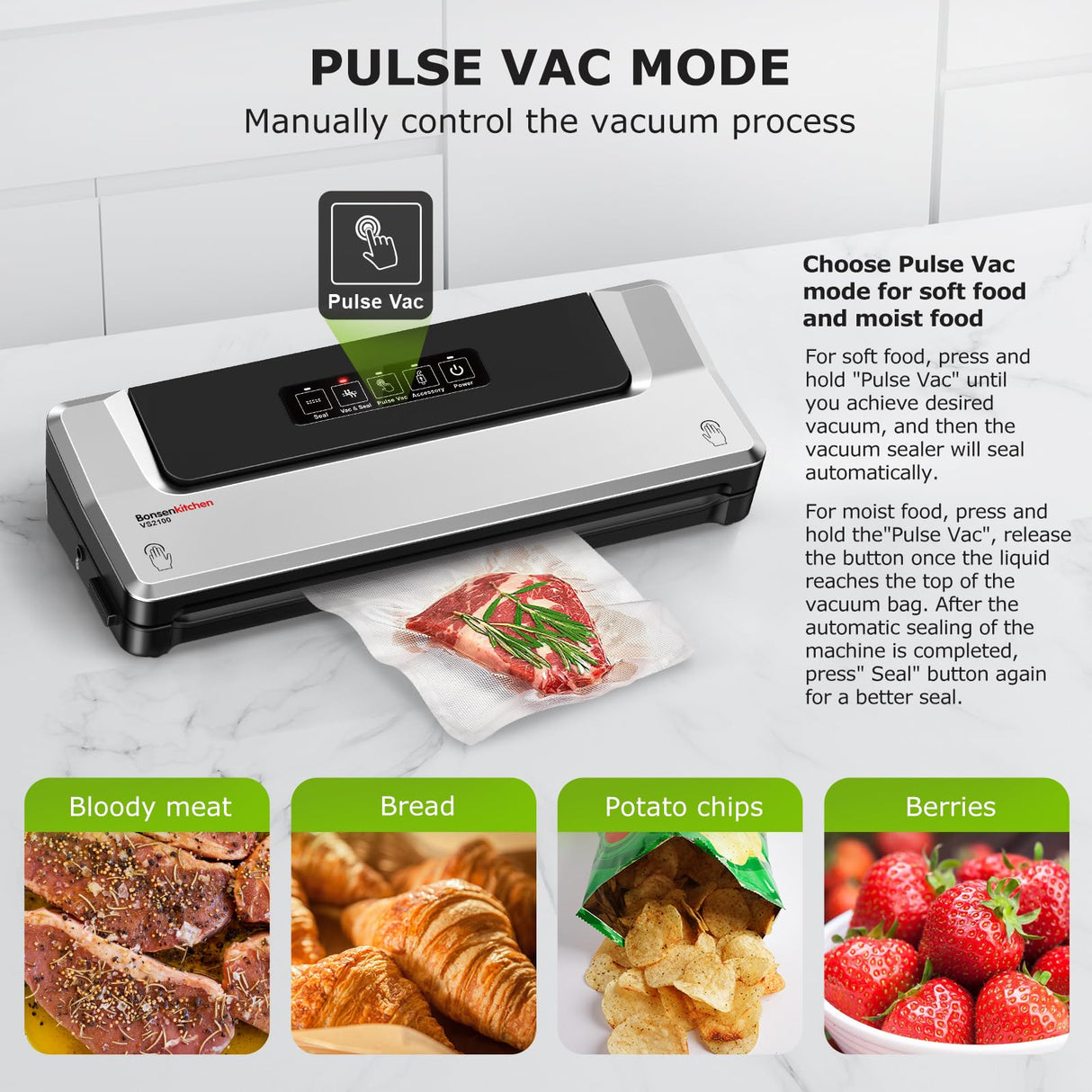 Bonsenkitchen Vacuum Sealer Machine, Fast-Compact Food Sealer, Multi-Functional Food Vacuum Sealer with 20 Vacuum Bags & 2 Roll Bags & Accessory Hose, High-Speed Continuous Working, Silver Bonsenkitchen