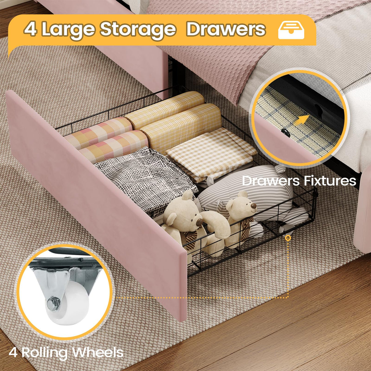 FORABAMB Twin Bed Frame with 4 Drawers, Upholstered LED Bed Frame with Adjustable Flowers Headboard, Platform Bed Frame Twin Size with Wooden Slats Support, No Box Spring Needed, Pink FORABAMB