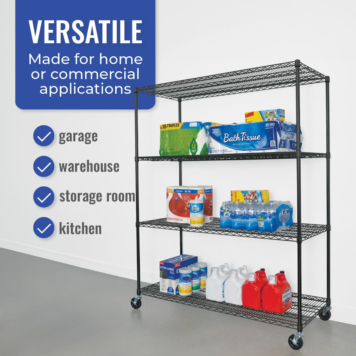 Heavy-Duty Black Steel Wire Shelving Unit with Wheels - 4-Tier NSF Certified Storage Rack (24"x60"x72") SafeRacks