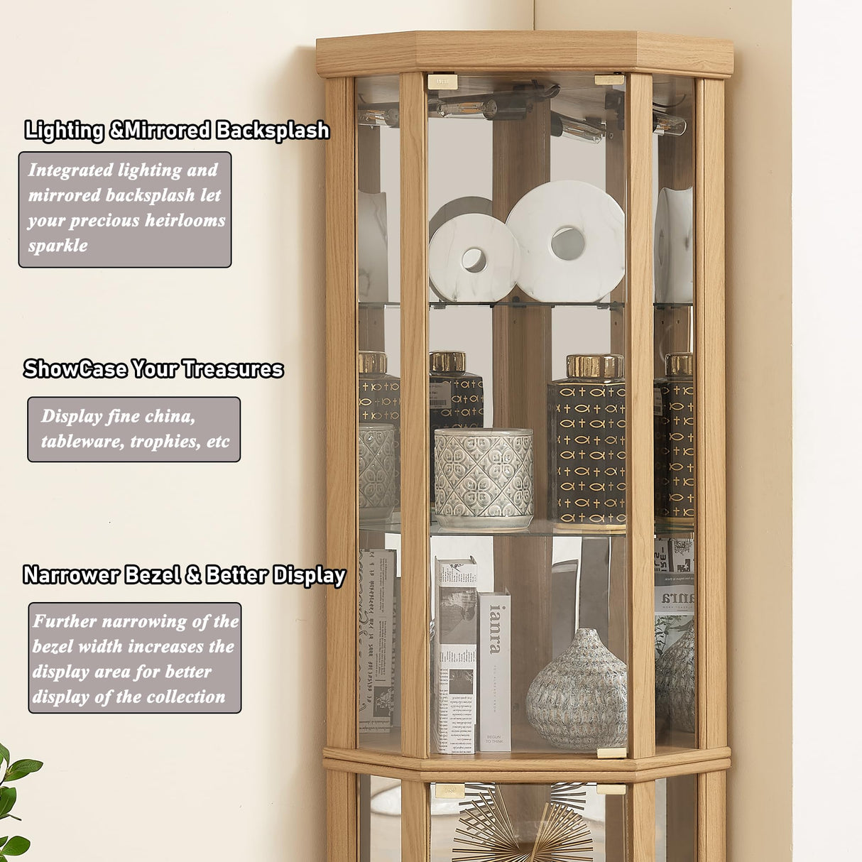 XZTUAJ 69" H Lighted Curio Cabinet - Corner Display Case with Adjustable Shelves and Tempered Glass, Wooden Cabinet with Mirrored Back Pane for Living Room (Light Oak) XZTUAJ
