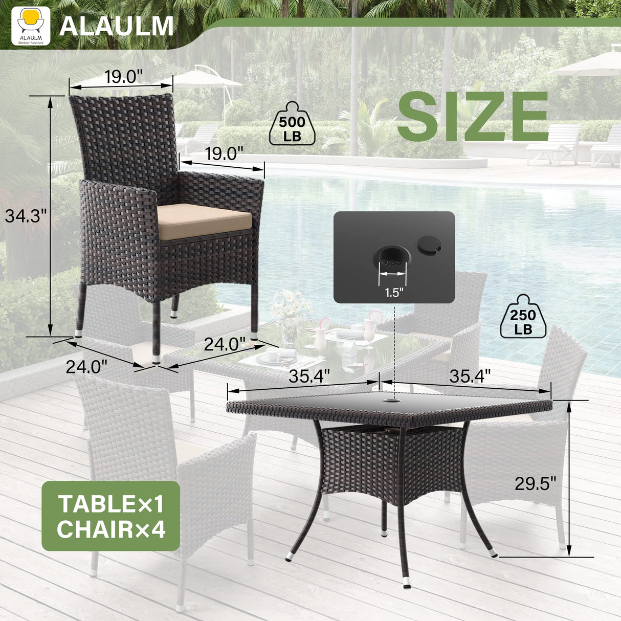 ALAULM 5 Piece Patio Dining Set All-Weather Wicker Outdoor Patio Furniture Set w/Tempered Glass Tabletop, Removable Cushions and Umbrella Hole for Patio, Backyard, Garden, Poolside (Brown) ALAULM