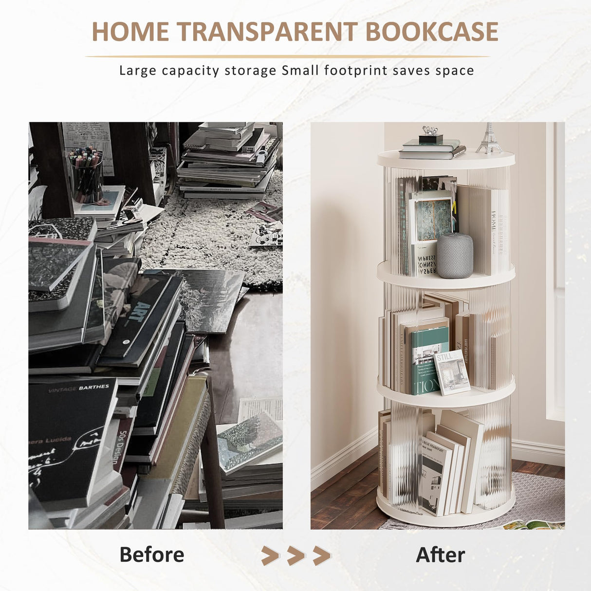 360° Rotating Bookshelf for Small Spaces, Display Rack, Modern Acrylic Corner Spinning Bookshelf with Turntable, 3 Tier Floor Standing Bookcase For Kids Adults, Book Organizer for Bedroom, Living Room Montary