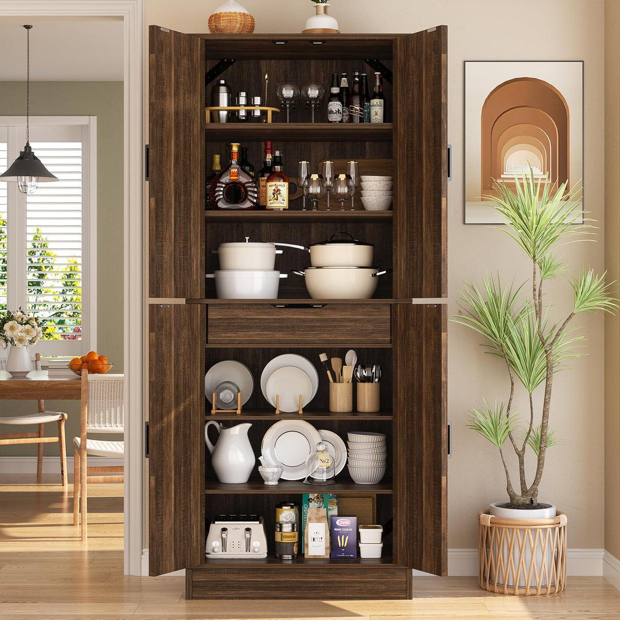 Unikito 71" Farmhouse Kitchen Pantry Storage Cabinet with Barn Doors, Adjustable Shelves & Drawer Organizer, Versatile Tall Storage Cupboard for Dining Room, Bathroom, Utility Room, Weathered Brown Unikito