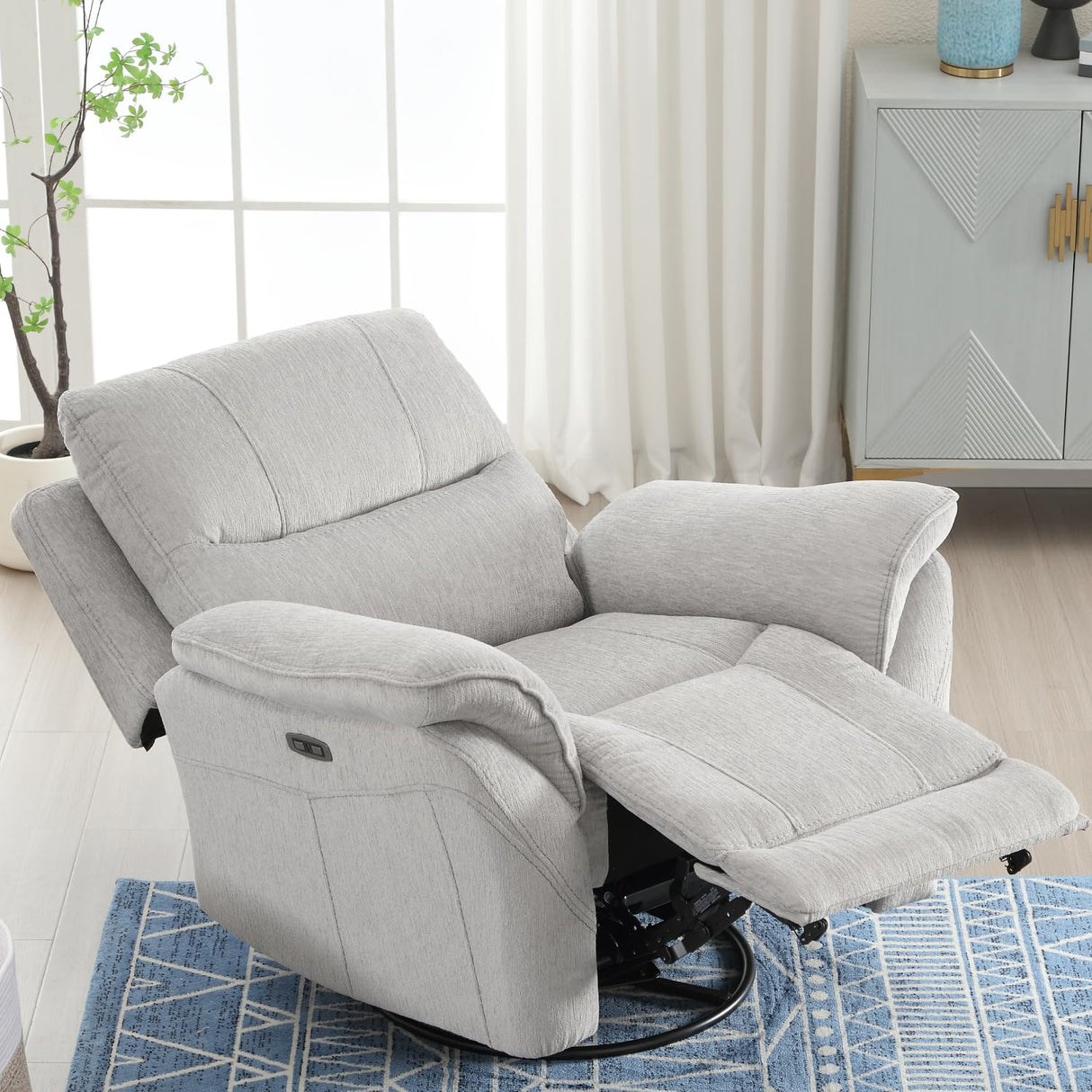 INZOY Glider Recliner Nursery Chair, Power Recliner Swivel Glider, Fabric Electric Swivel Recliner Rocker with Overstuffed Backrest, Power Recliner Chair Reclining Sofa for Living Room, Light Grey INZOY