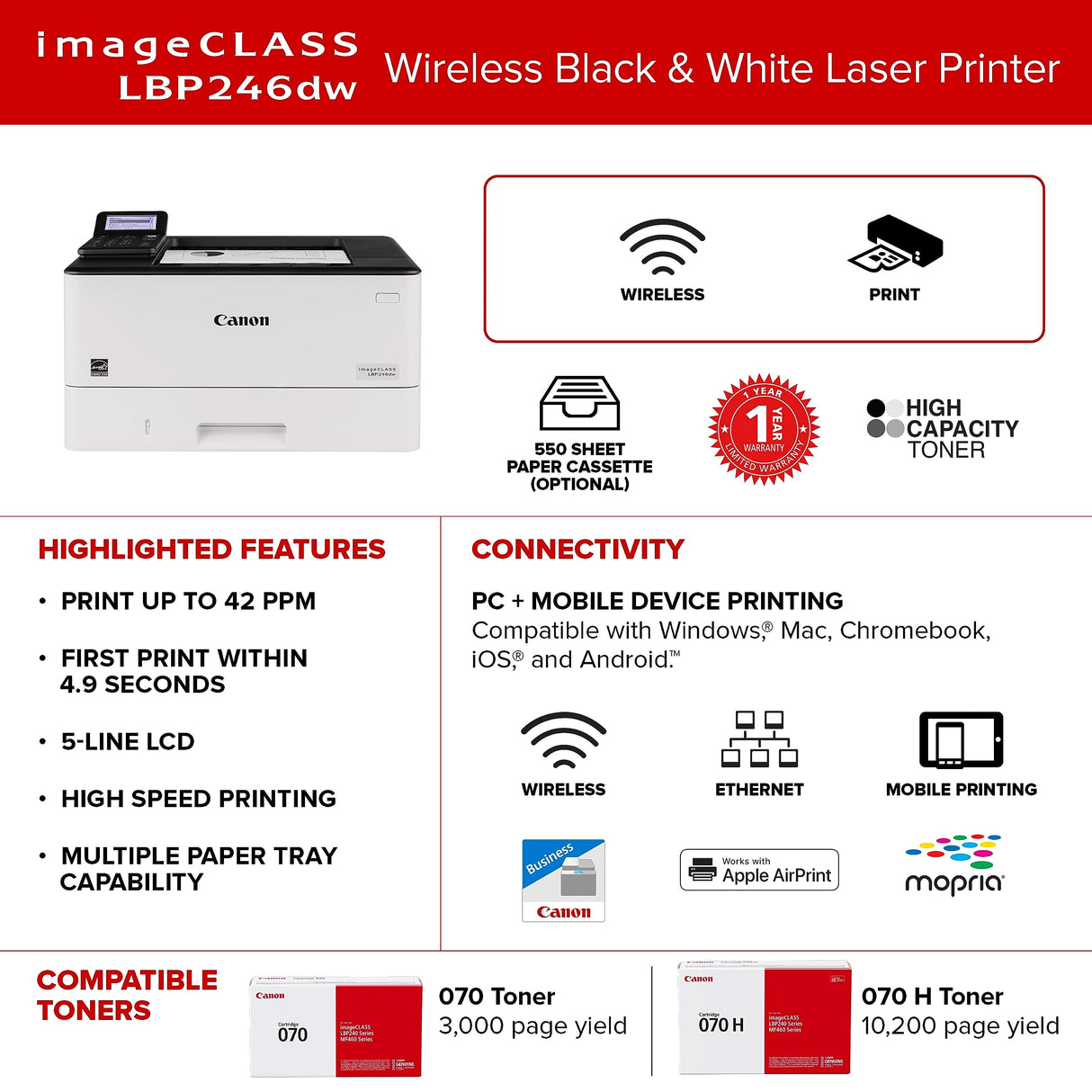 Canon imageCLASS LBP246dw Wireless, Mobile Ready, Duplex Laser Printer Canon