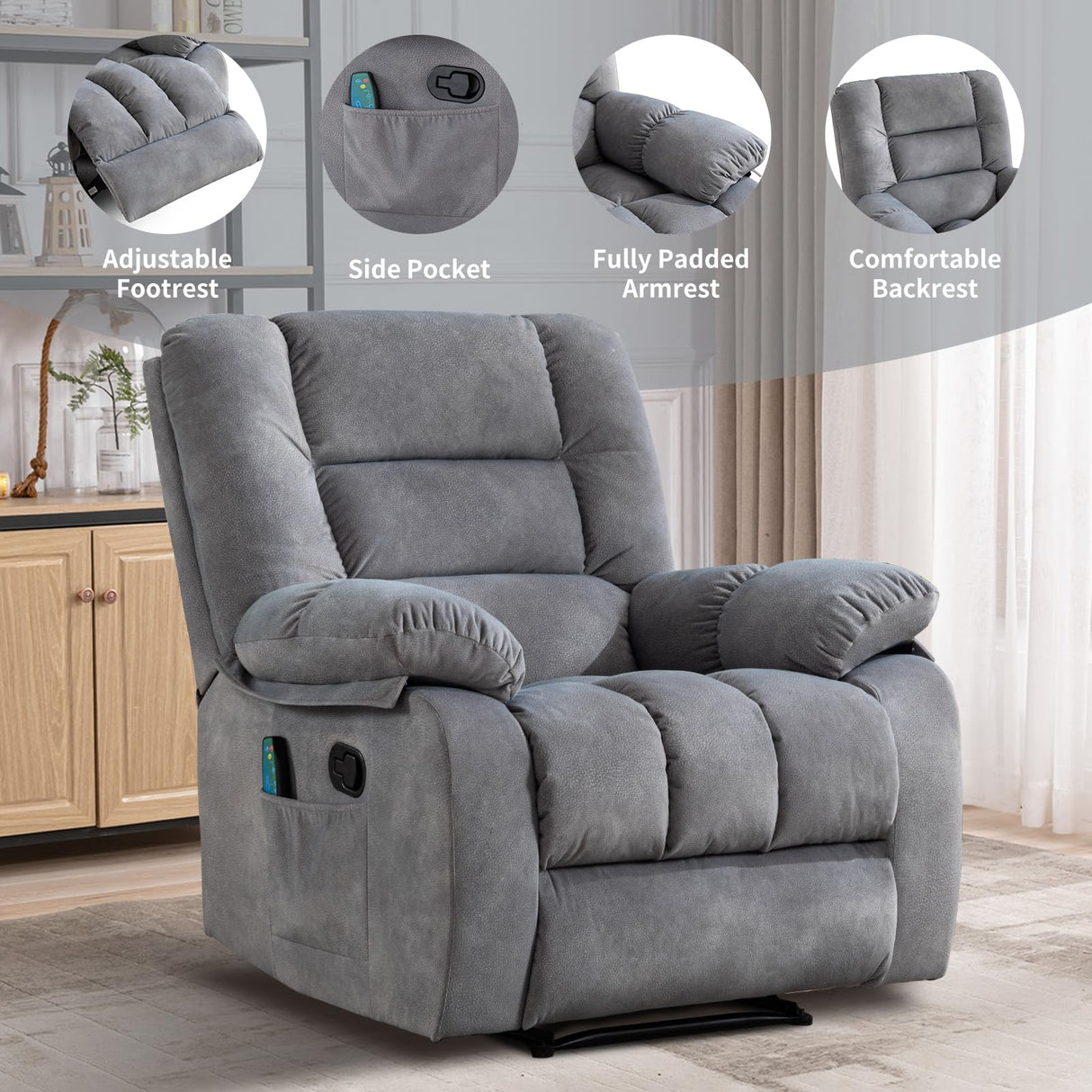 IOMOR Manual Recliner Chair with Heat and Massage, Ergonomic Overstuffed Breathable Fabric Reclining Chairs, Single Sofa Chair with Side Pockets for Living Room Home Theater (Light Gray) IOMOR