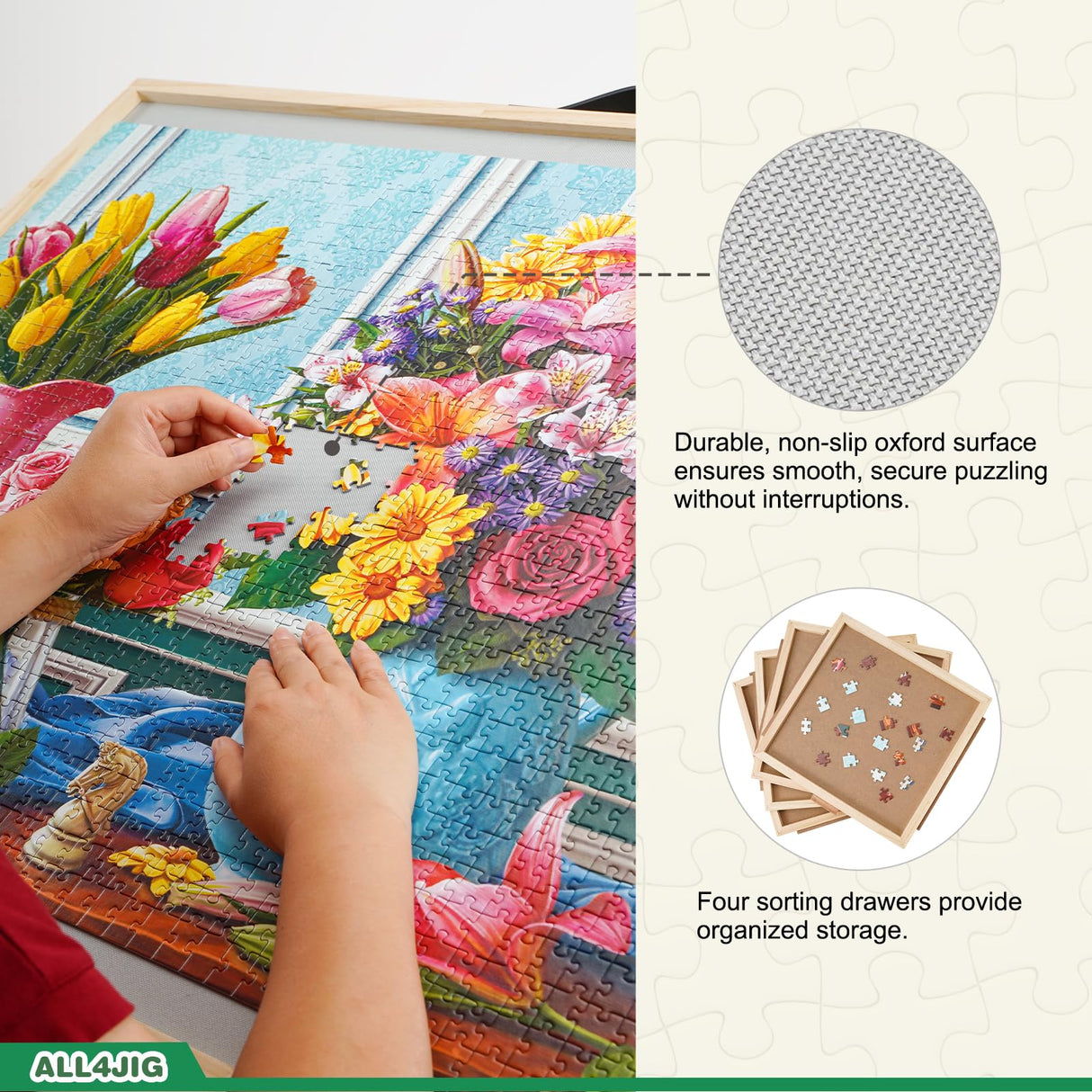 ALL4JIG 2-in-1 Tilting & Rotating Puzzle Board for 1500 Pieces, 34.2" x 25.2"Adjustable Angle Puzzle Board with 4 Drawers & Clear Protective Cover, Birthday Gift for mom ALL4JIG