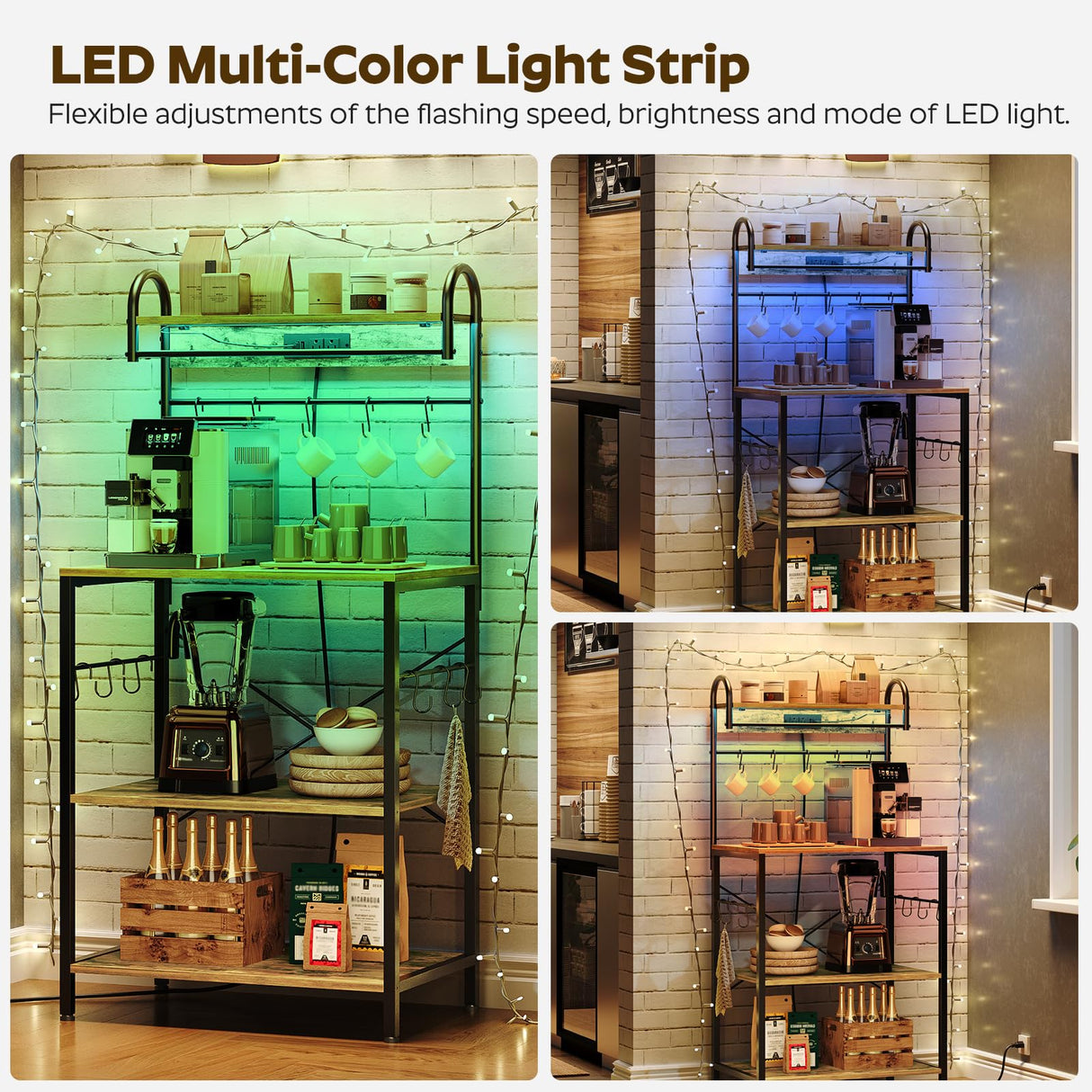 YATINEY Bakers Rack with Power Outlets and Led Lights, 4-Tier Microwave Stand, Coffee Bar Station, Kitchen Storage Shelf, Kitchen Spice Rack with S-Shaped Hooks, for Pots and Pans, Rustic Brown HB20BR YATINEY
