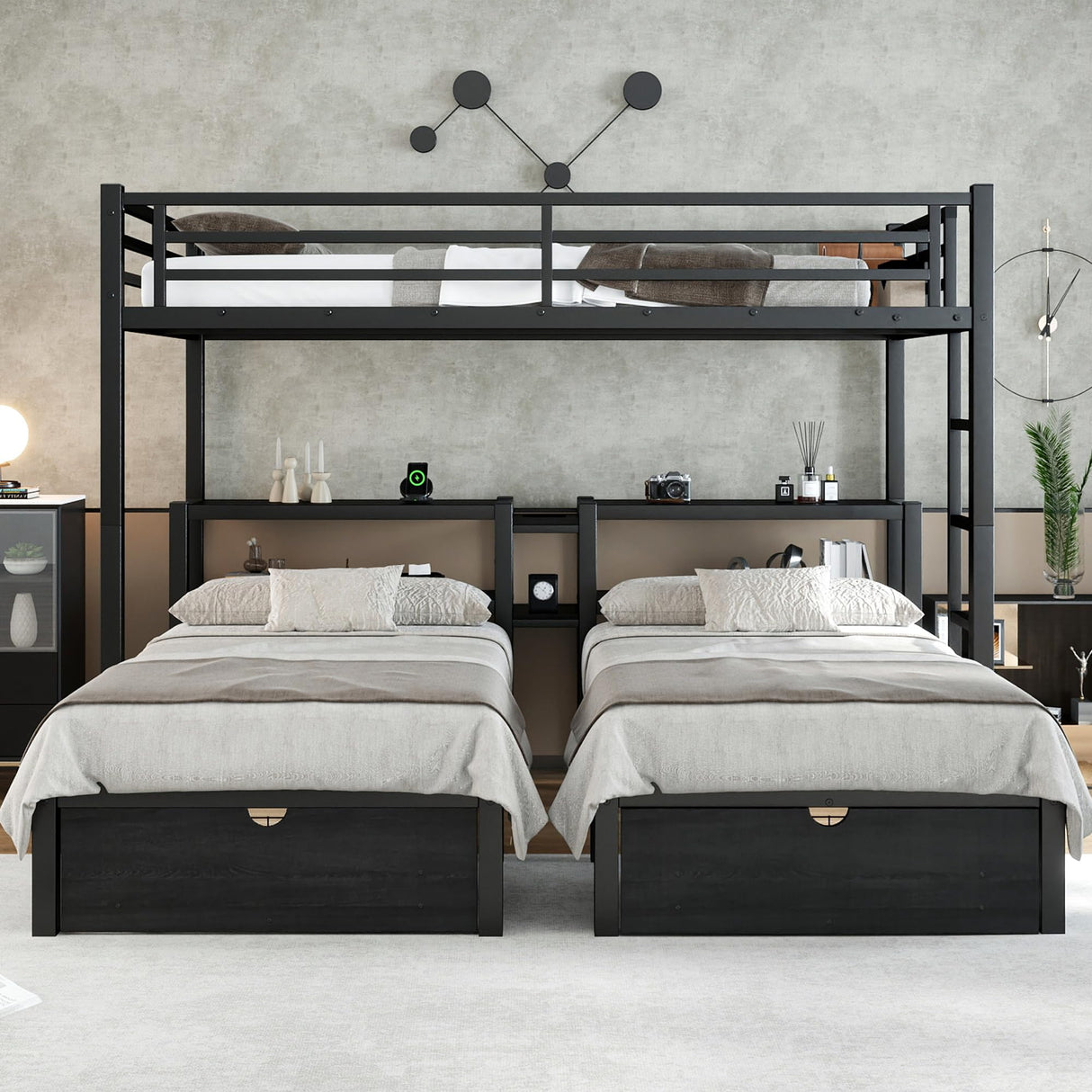 Harper & Bright Designs Triple Bunk Bed for Kids, Full XL Over Twin Over Twin Metal Bunk Beds with Drawers & 2 Shelves & USB, Triple Bunk Beds for Kids,Teens, Adults, Black Harper & Bright Designs