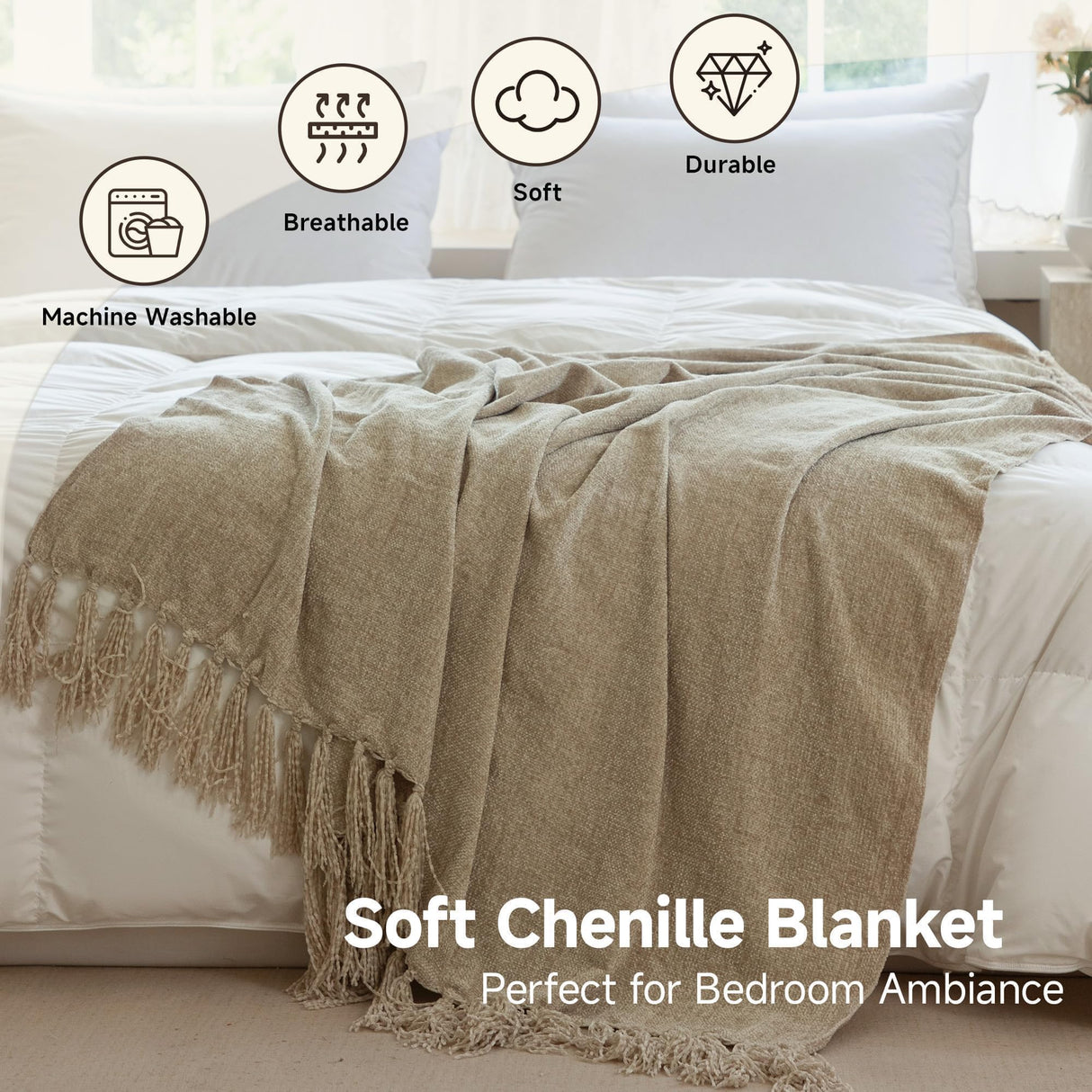 Simple&Opulence Soft Chenille Throw Blanket 50'' x 60'' - Cozy Fluffy Blanket with Fringe Tassel, Farmhouse Boho Blankets for Couch Bed Office Chair Gift Home Decor All Season Use, Khaki Simple&Opulence