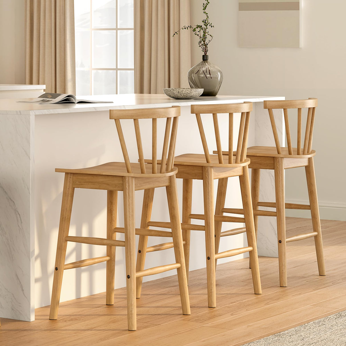 EYYTHUNG Wood Bar Stools Set of 2, 24" Barstool Farmhouse Counter Stools with Curved Back Counter Chairs for Kitchen Islands Dining Room, Natural Oak EYYTHUNG